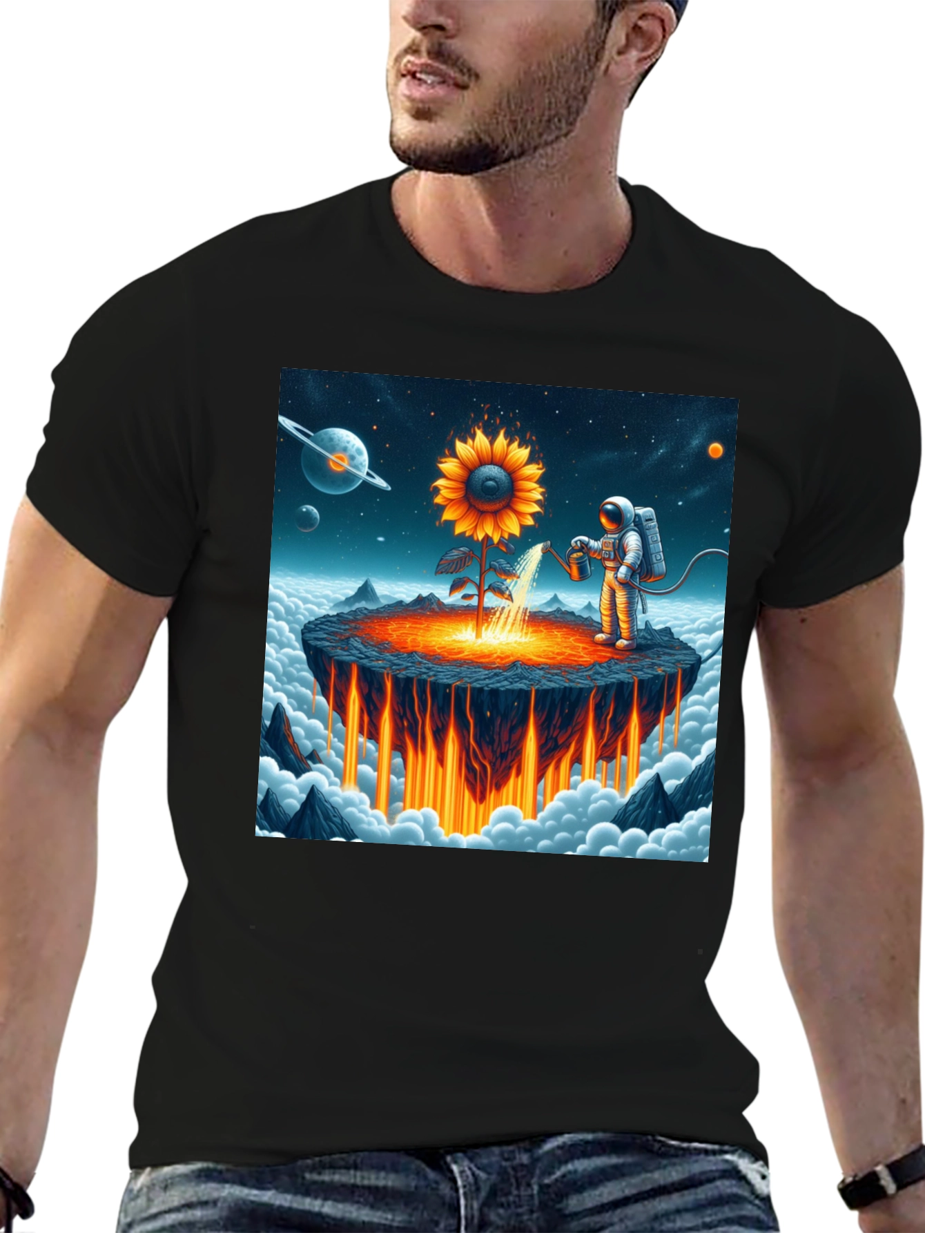 Astronaut Sunflower Graphic T-Shirt - Space Gardener Tee