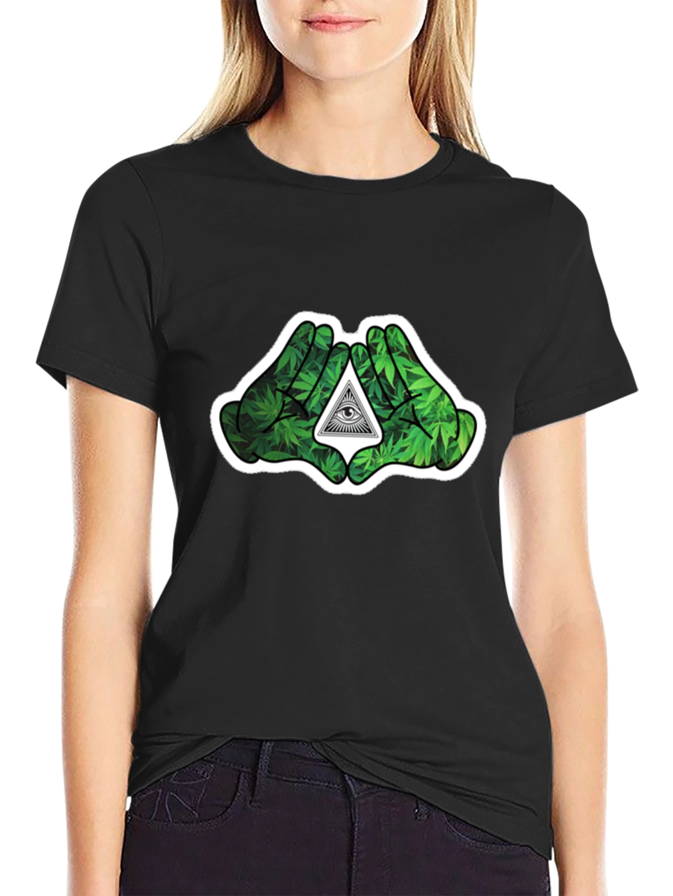 Cannabis Hands Pyramid Eye Black T-Shirt