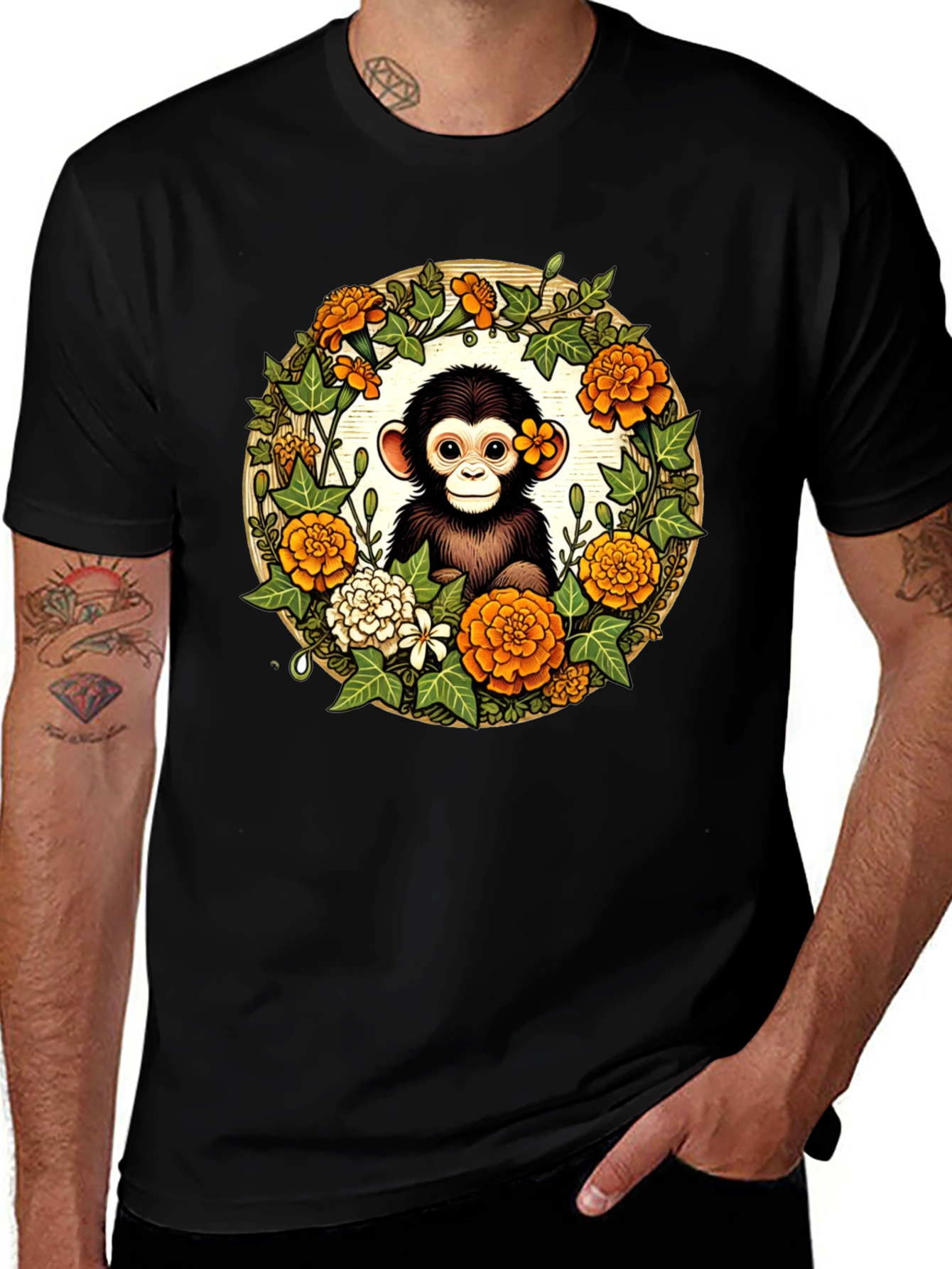 Monkey Floral Wreath Black Tee