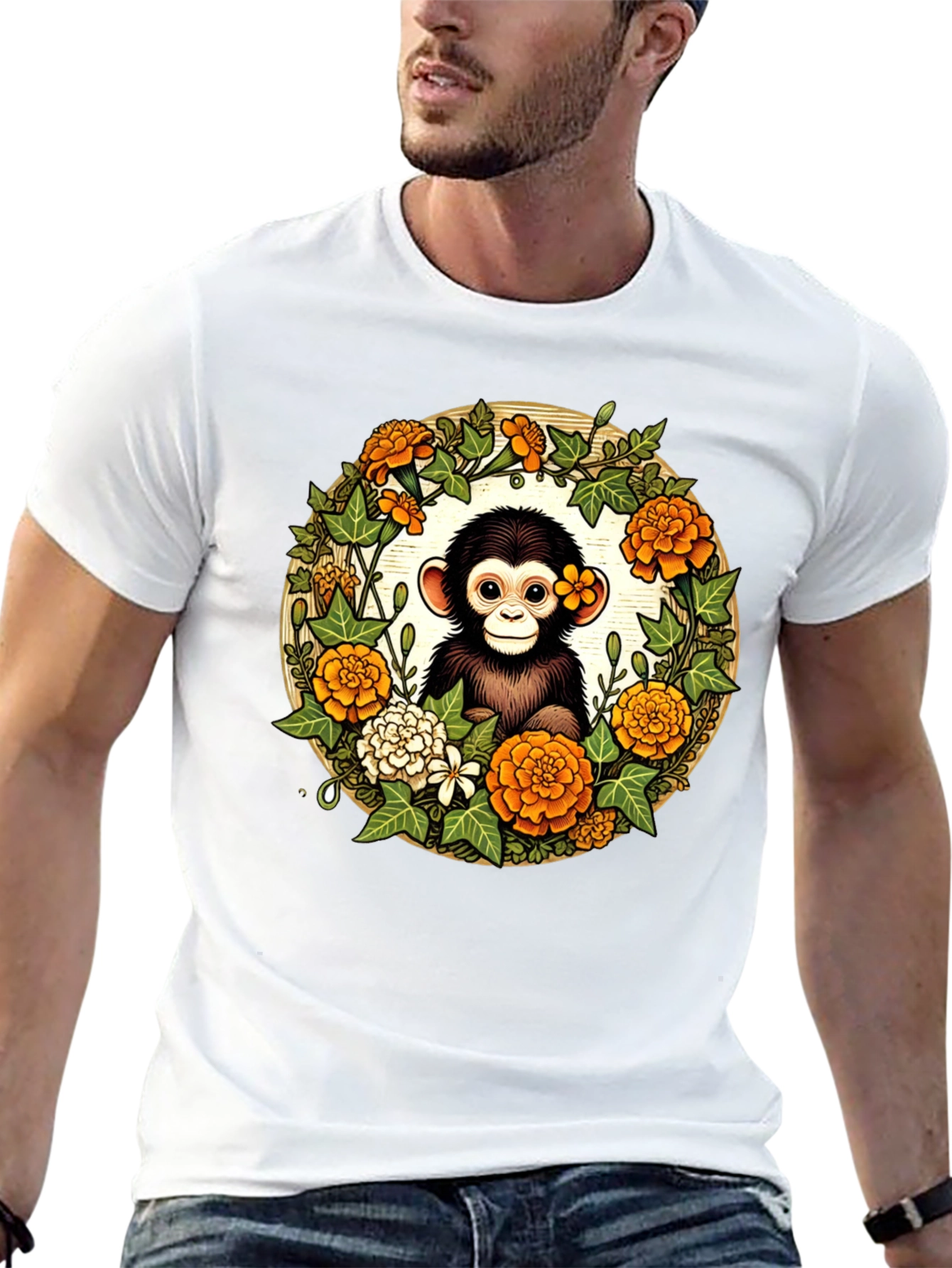 Monkey Floral Wreath Black Tee