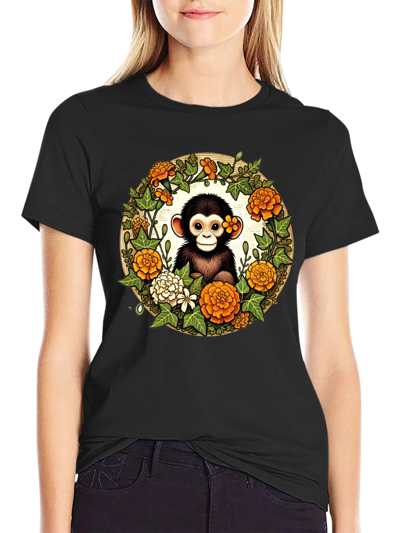 Monkey Floral Wreath Black Tee