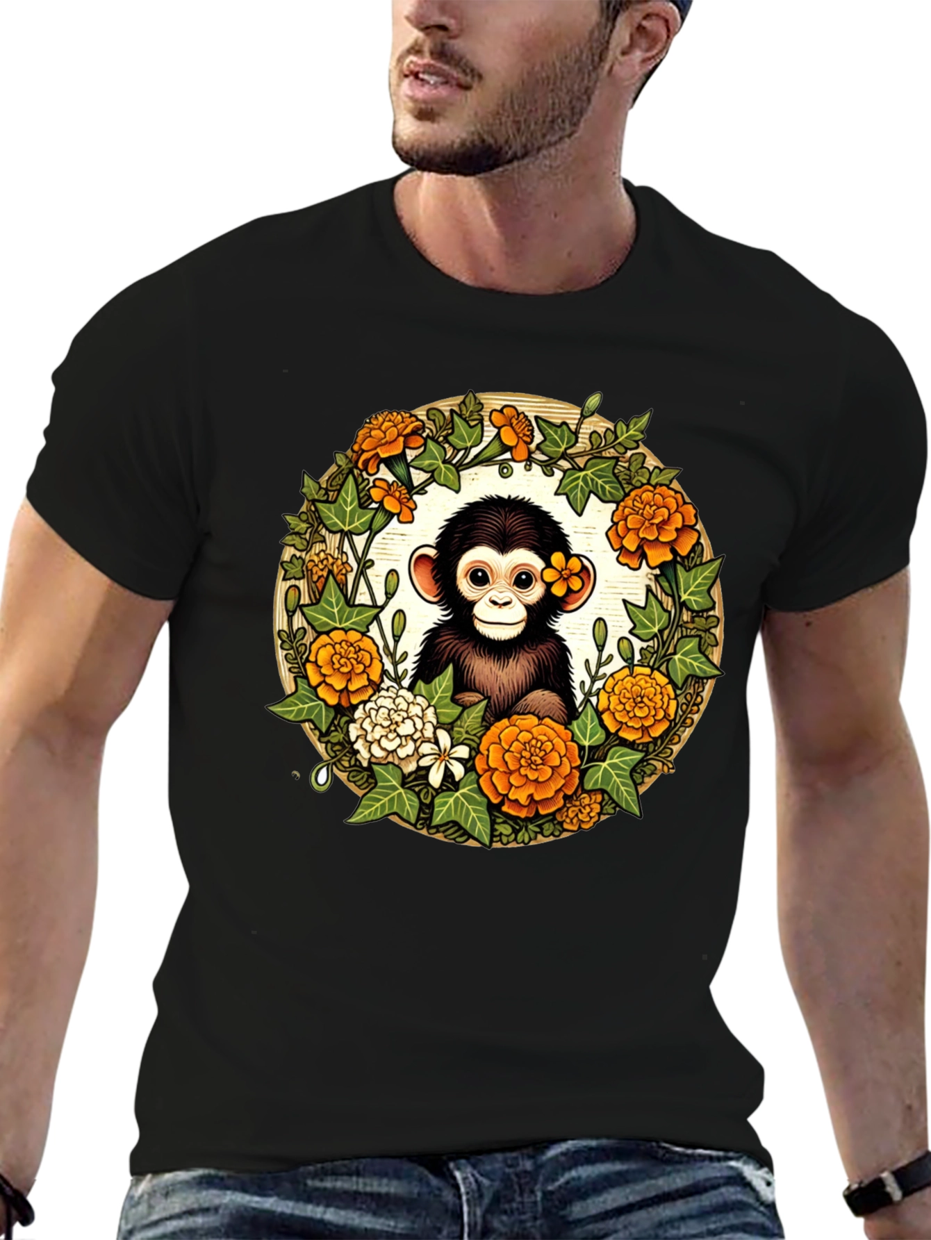 Monkey Floral Wreath Black Tee