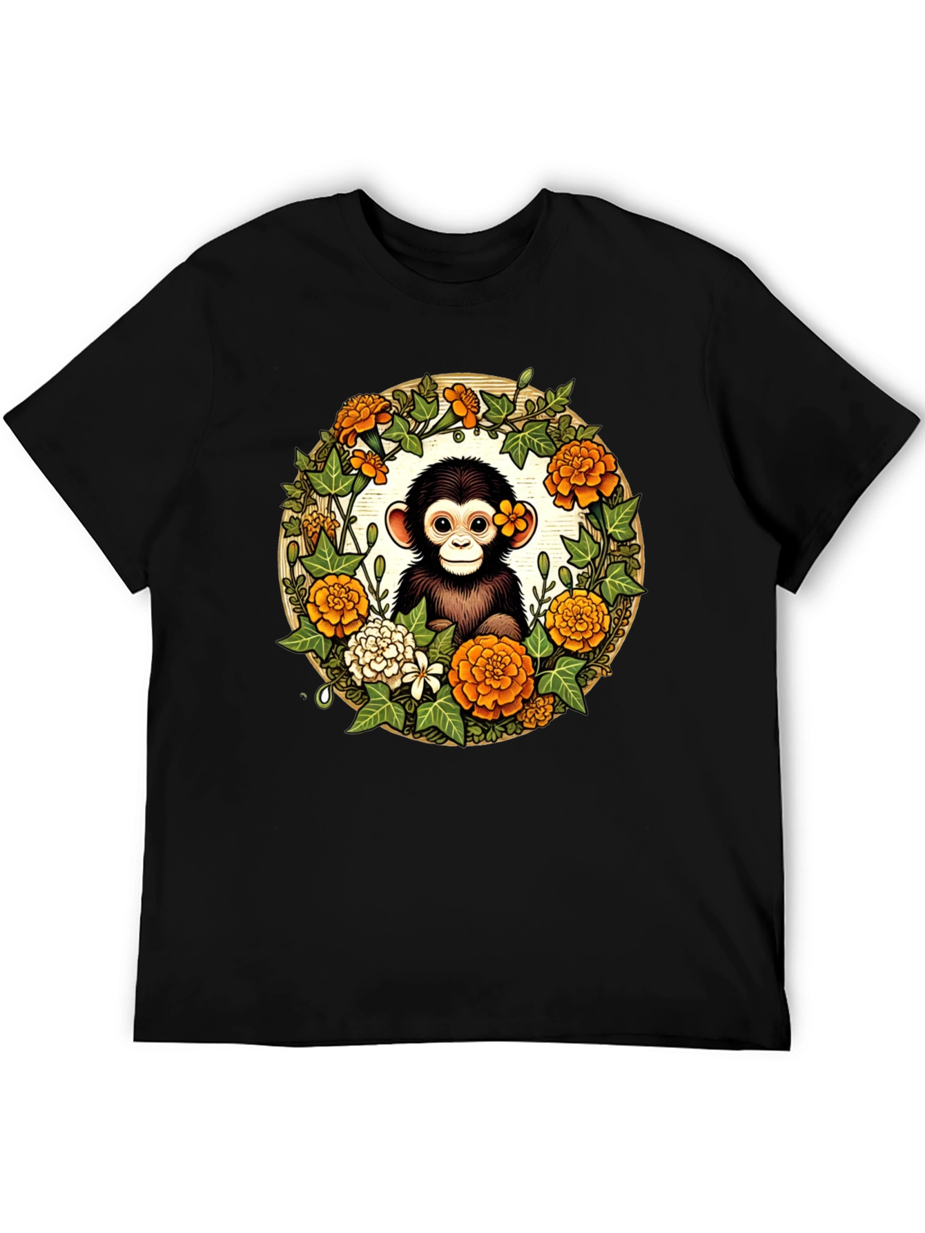 Monkey Floral Wreath Black Tee