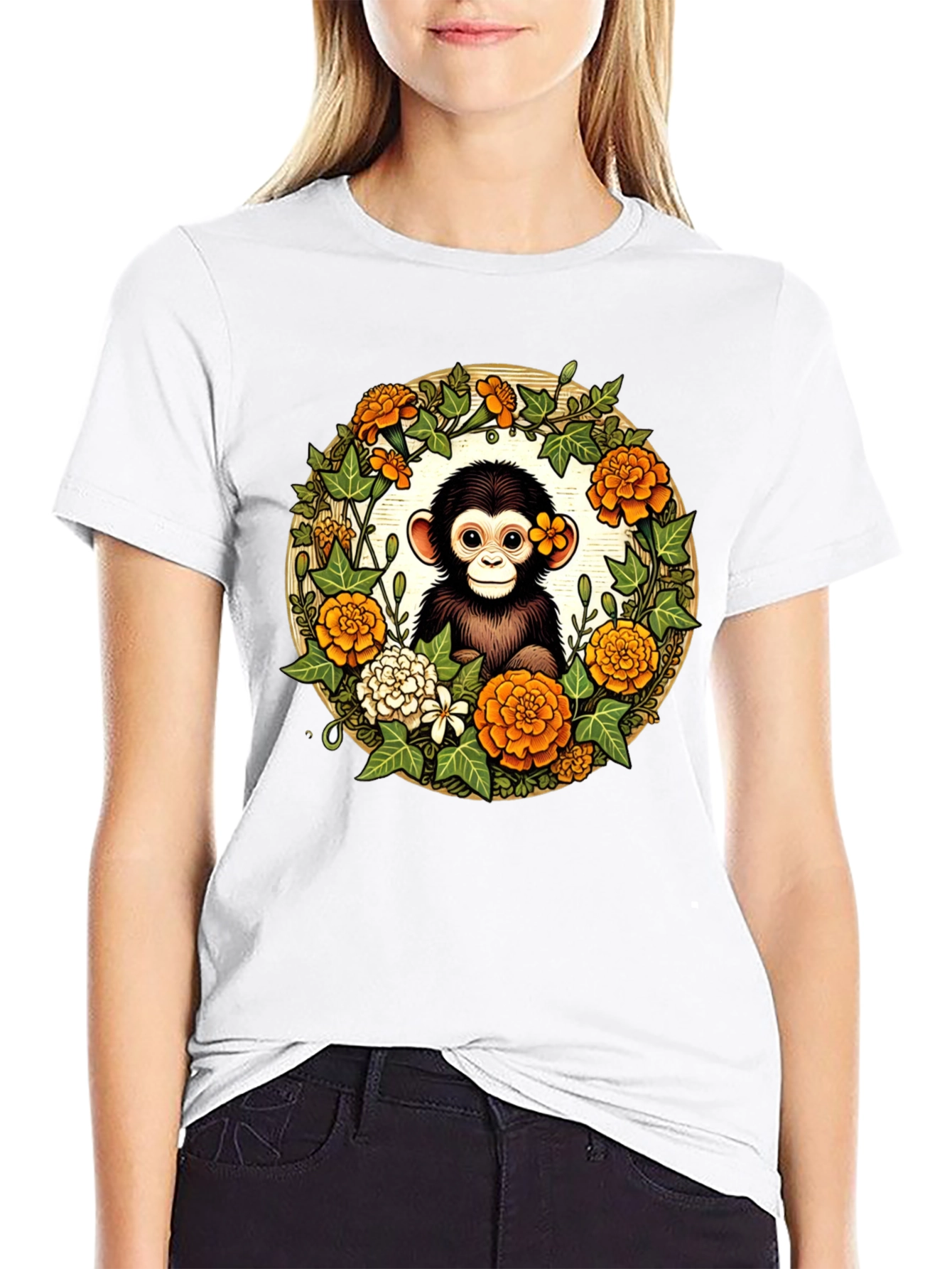 Monkey Floral Wreath Black Tee