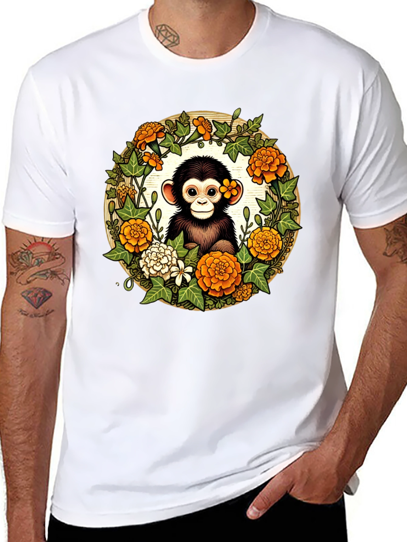 Monkey Floral Wreath Black Tee