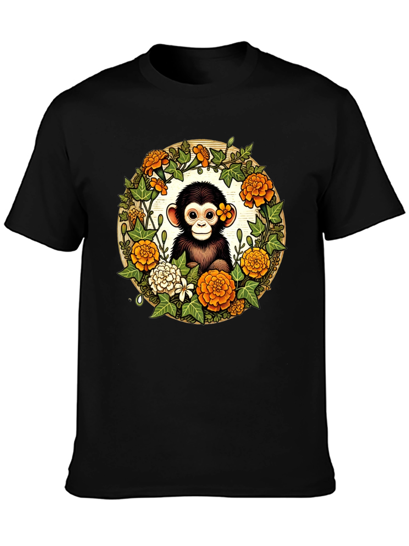 Monkey Floral Wreath Black Tee