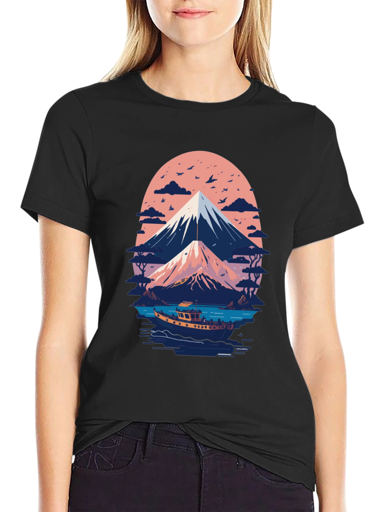 Mount Fuji Boat Trip Graphic Tee - Black
