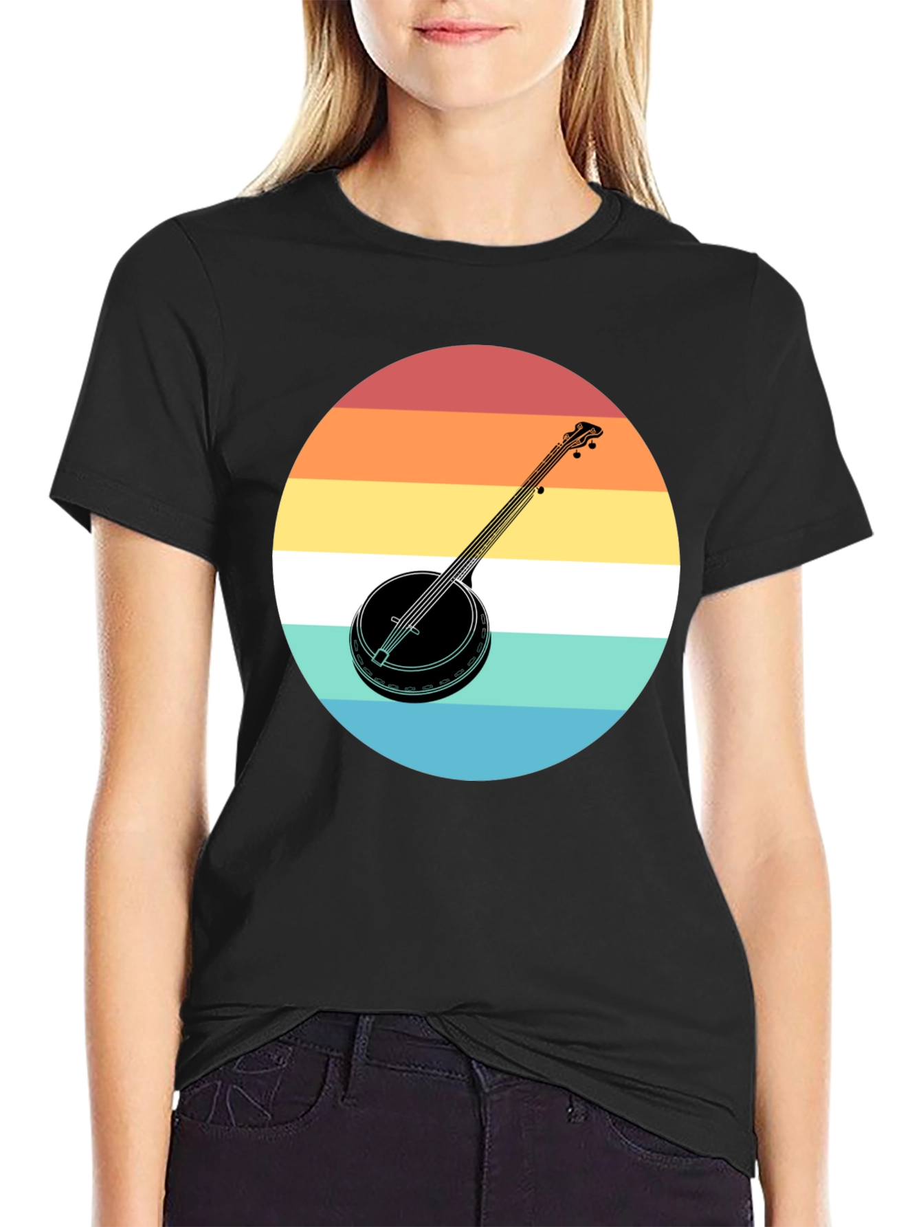 Retro Banjo Sunset Graphic Tee - Black Cotton T-Shirt