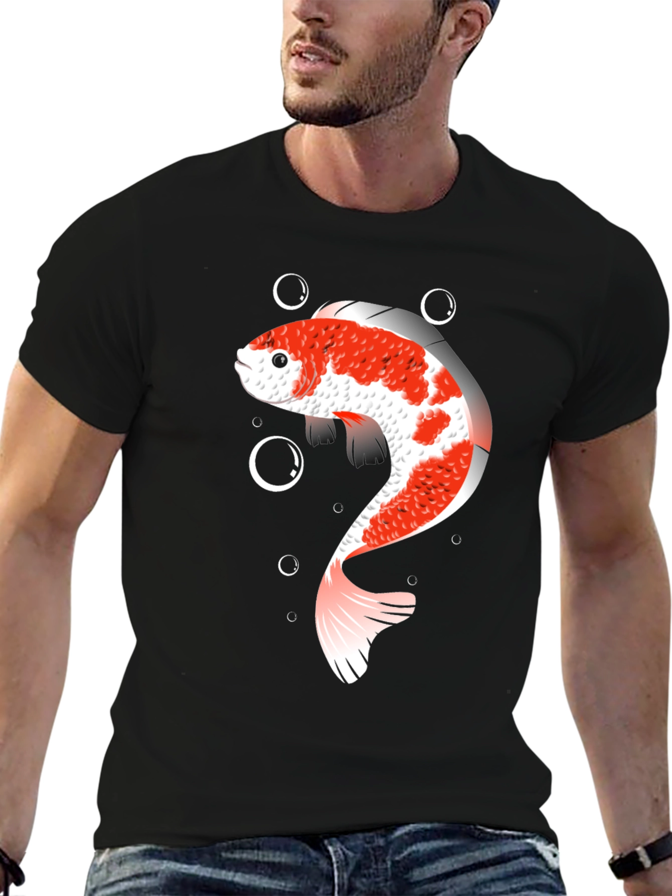 Koi Fish Graphic T-Shirt - Black Cotton Blend