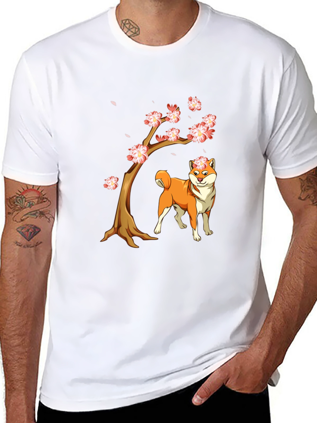 Shiba Inu Cherry Blossom Tree Graphic Tee