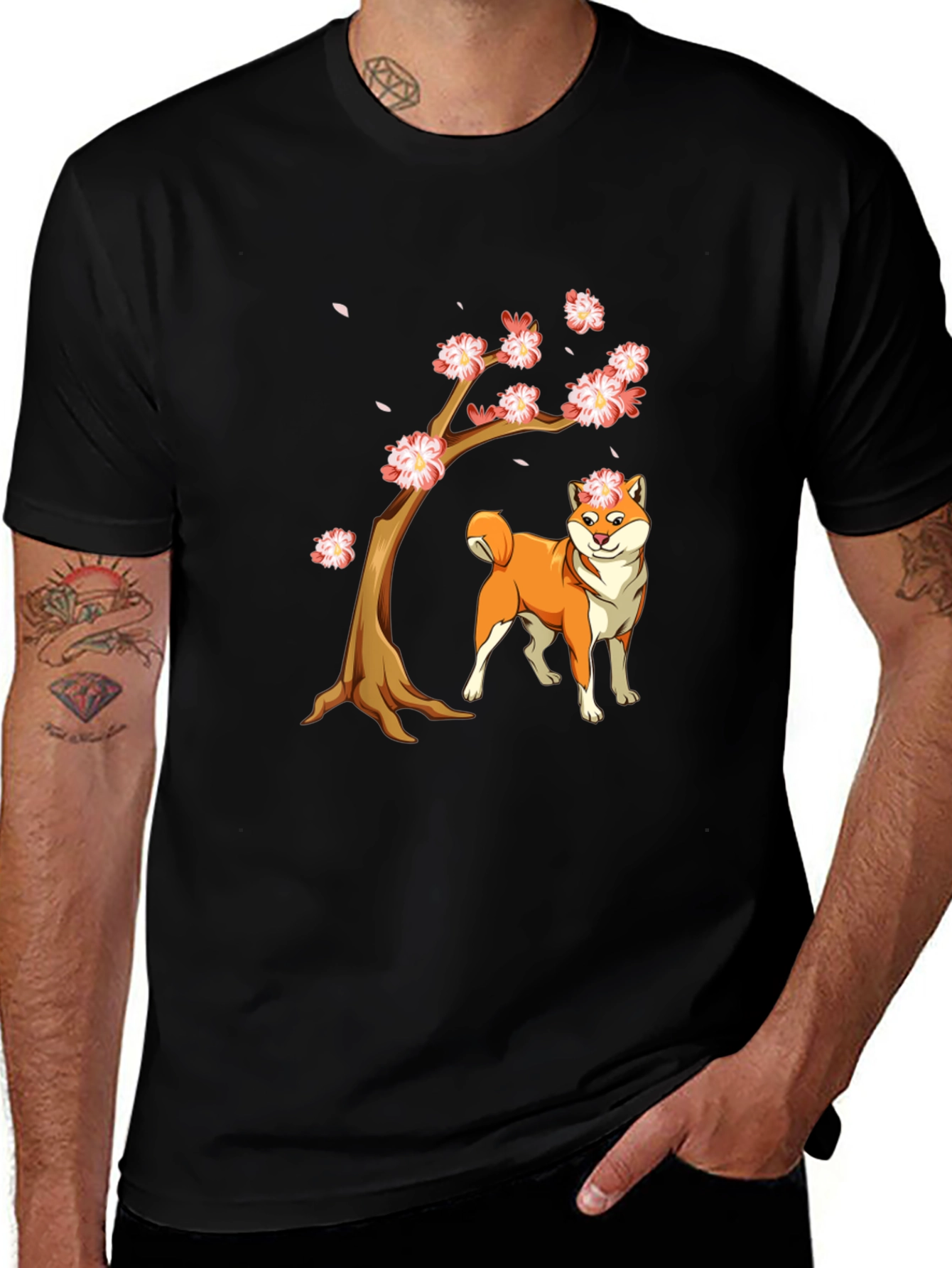 Shiba Inu Cherry Blossom Tree Graphic Tee