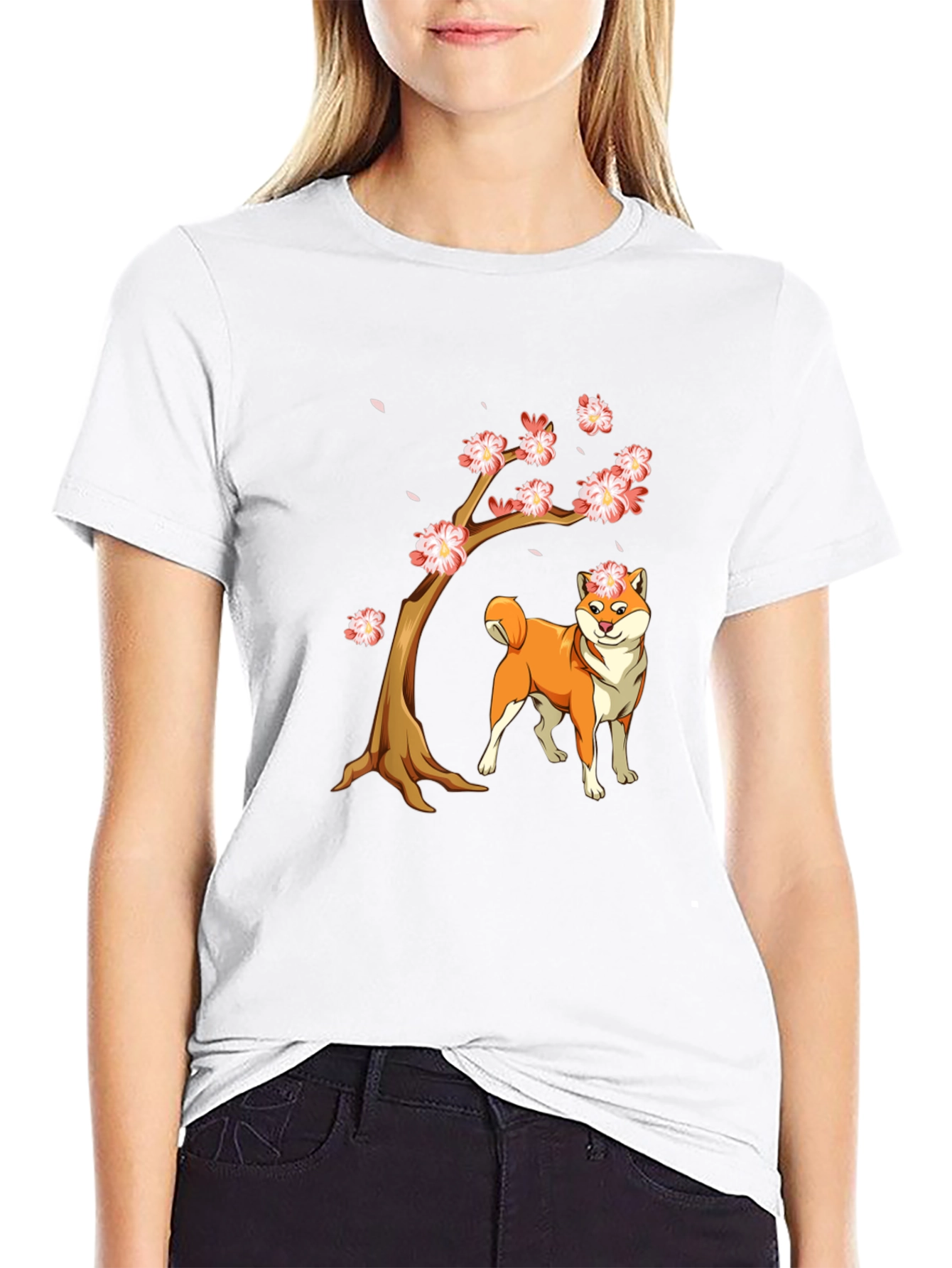 Shiba Inu Cherry Blossom Tree Graphic Tee