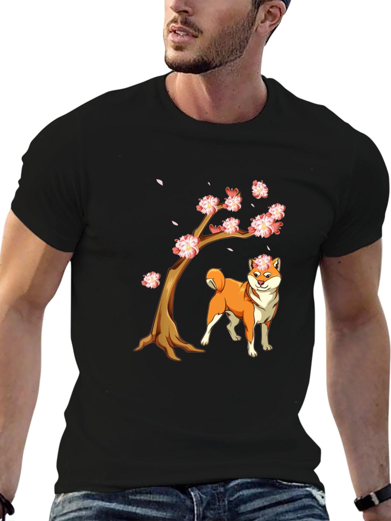 Shiba Inu Cherry Blossom Tree Graphic Tee