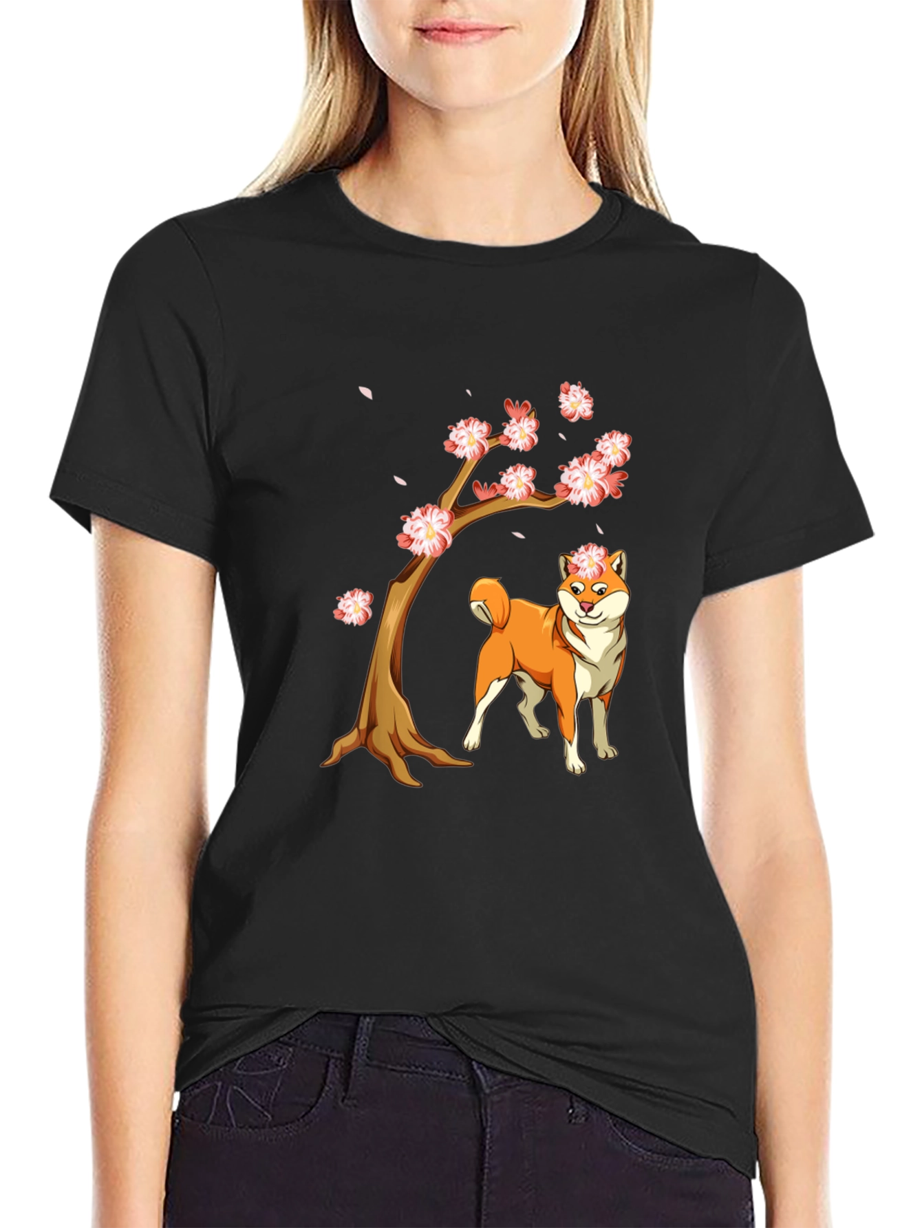 Shiba Inu Cherry Blossom Tree Graphic Tee