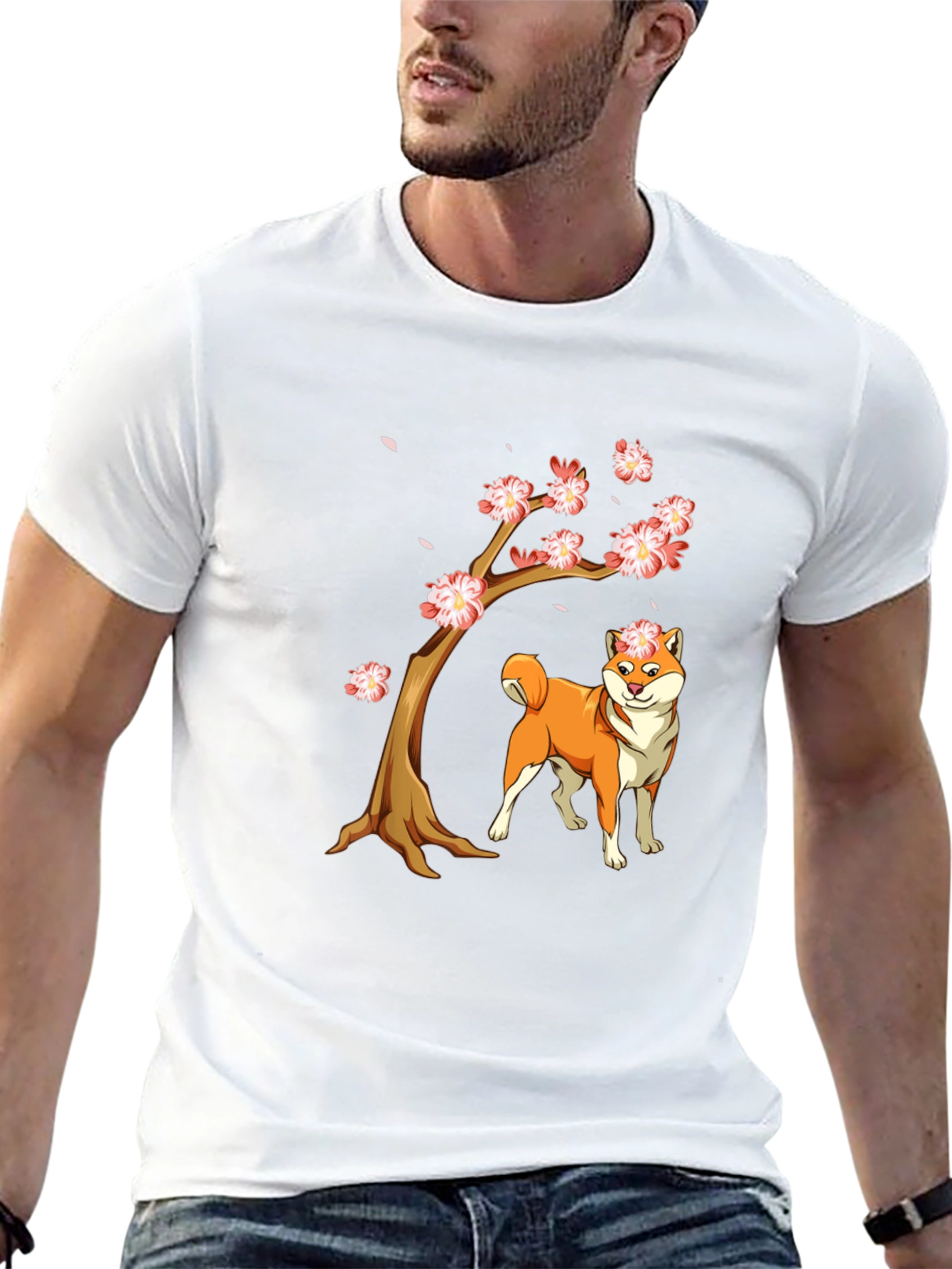 Shiba Inu Cherry Blossom Tree Graphic Tee