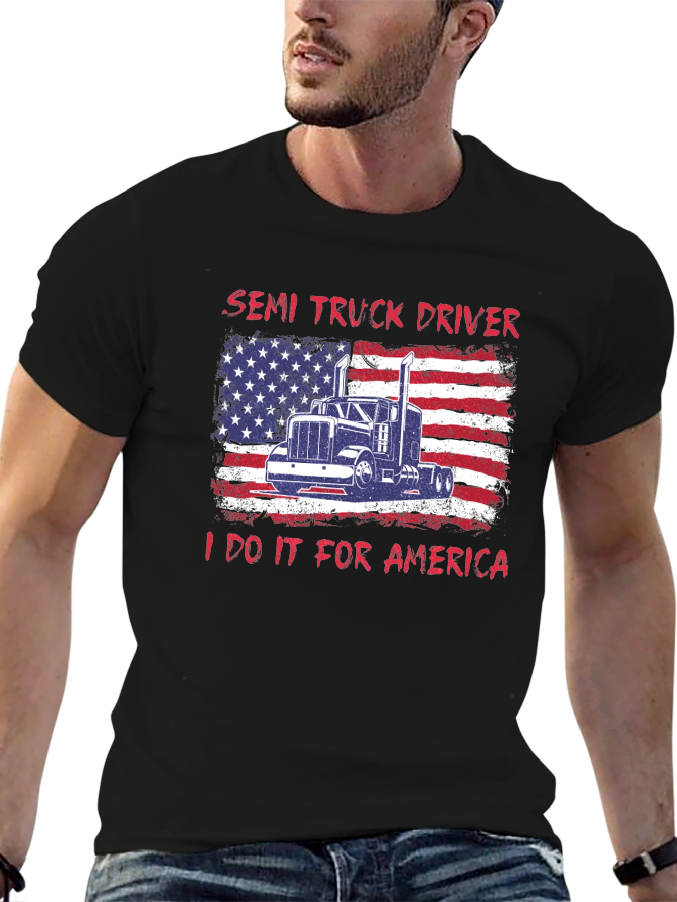 Semi Truck Driver Patriotic USA Flag Graphic T-Shirt