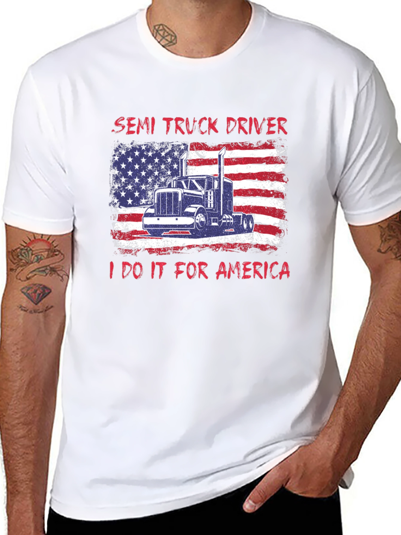 Semi Truck Driver Patriotic USA Flag Graphic T-Shirt
