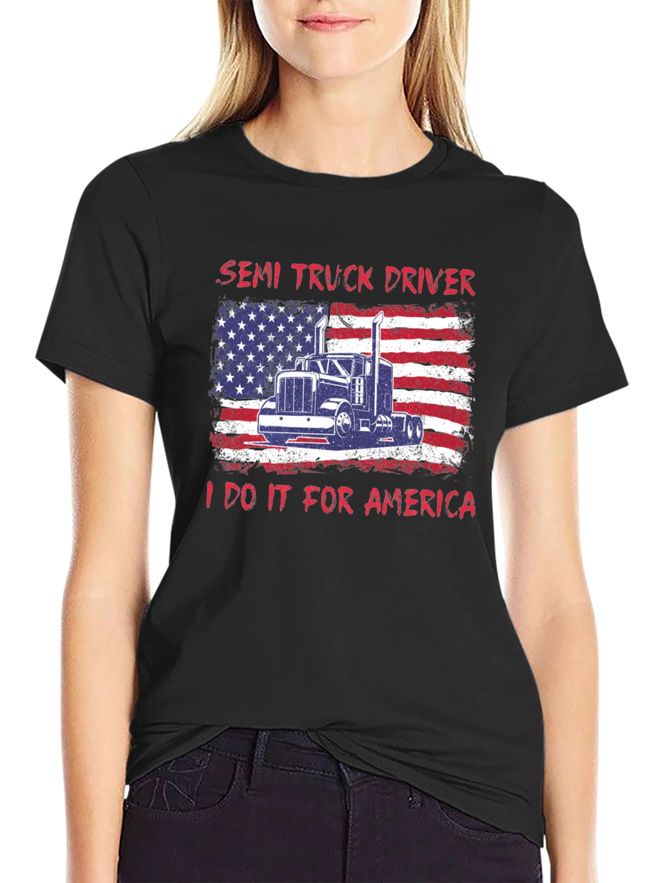 Semi Truck Driver Patriotic USA Flag Graphic T-Shirt