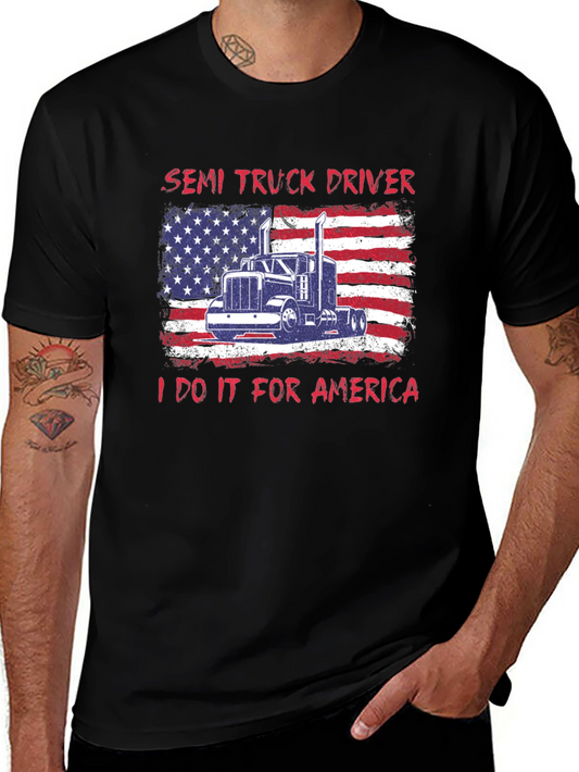 Semi Truck Driver Patriotic USA Flag Graphic T-Shirt