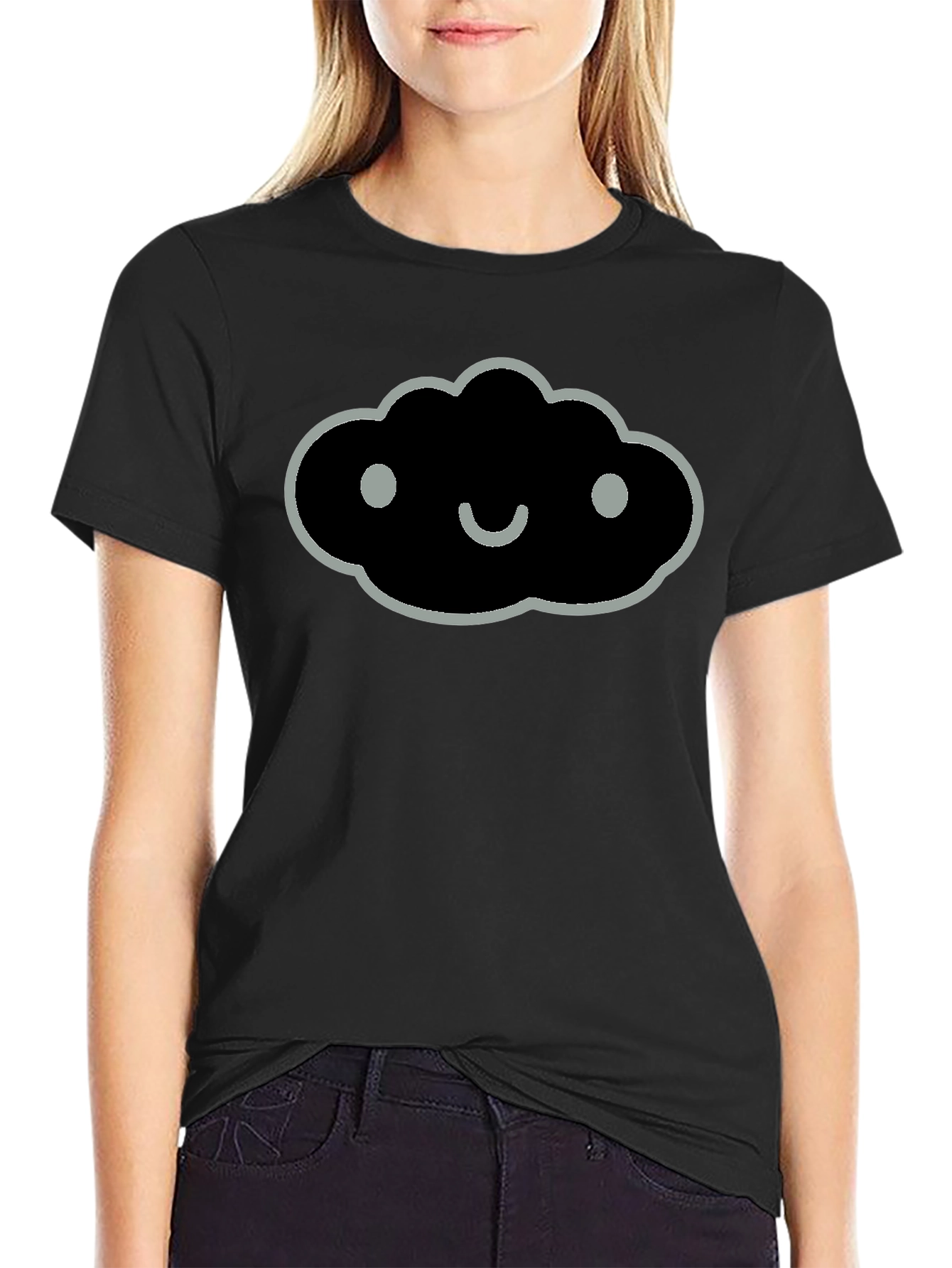Smiling Cloud Graphic Tee - Soft Black Cotton Blend