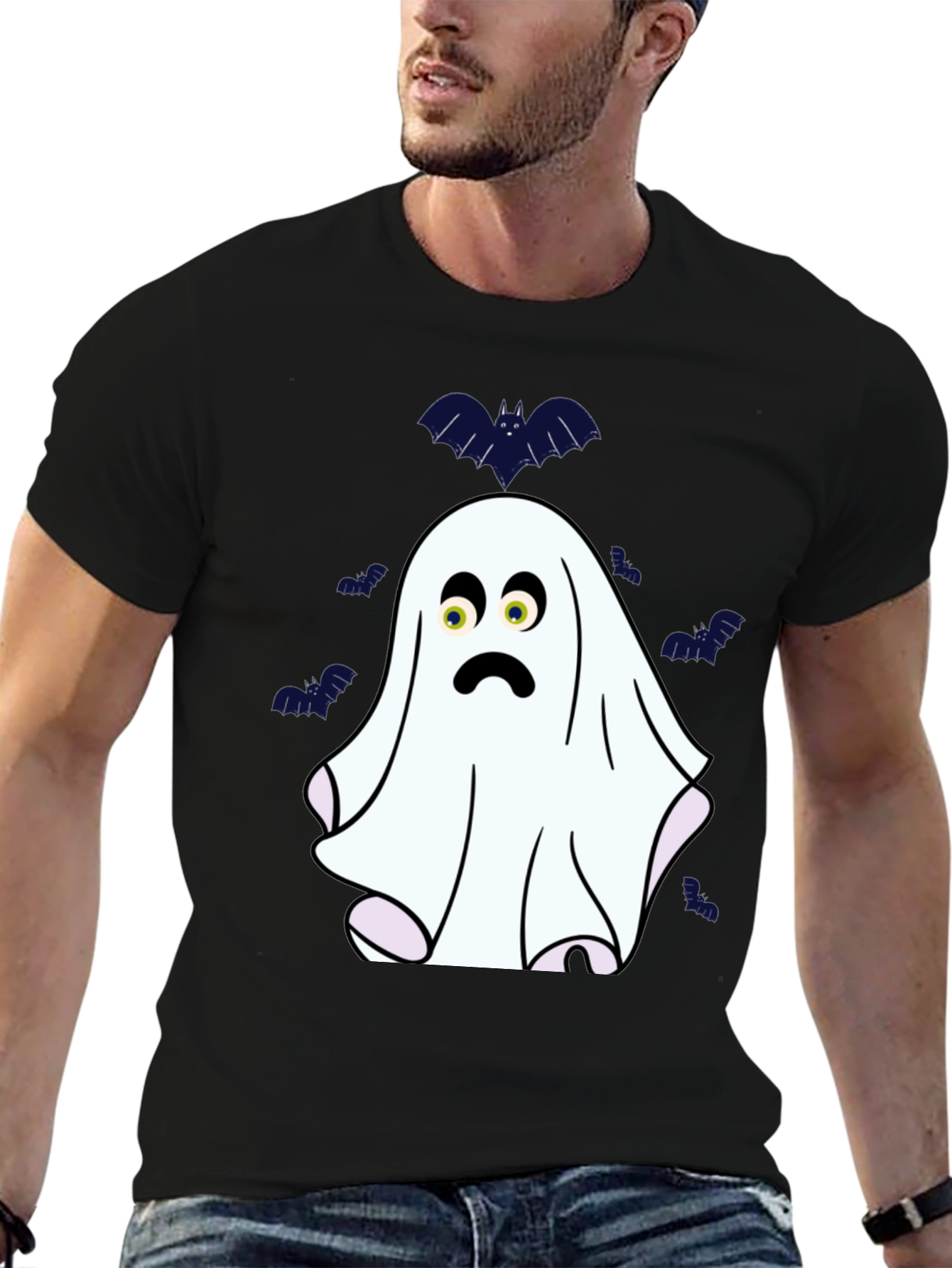 Spooky Ghost & Bats Graphic T-Shirt - Halloween Fun