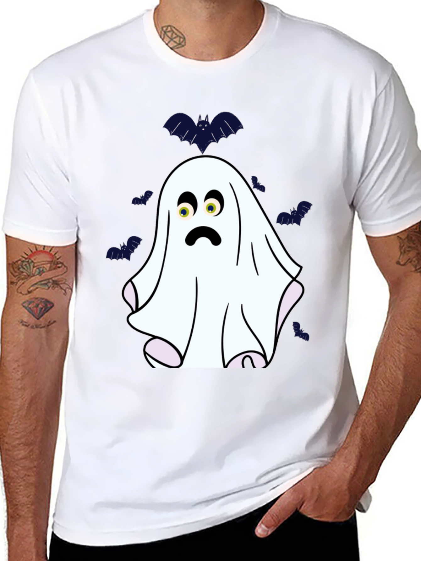Spooky Ghost & Bats Graphic T-Shirt - Halloween Fun