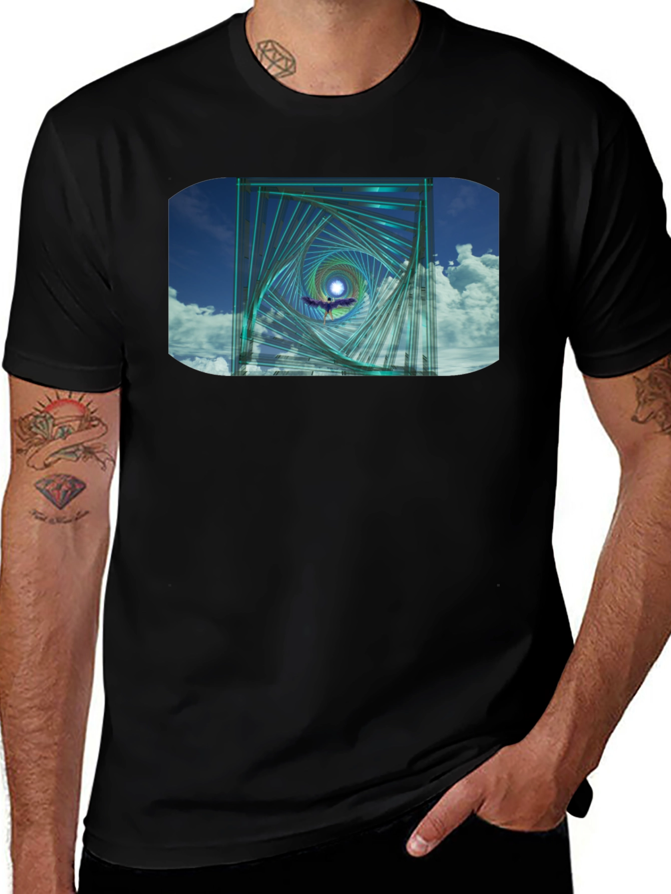 Geometric Spiral Graphic Black T-Shirt