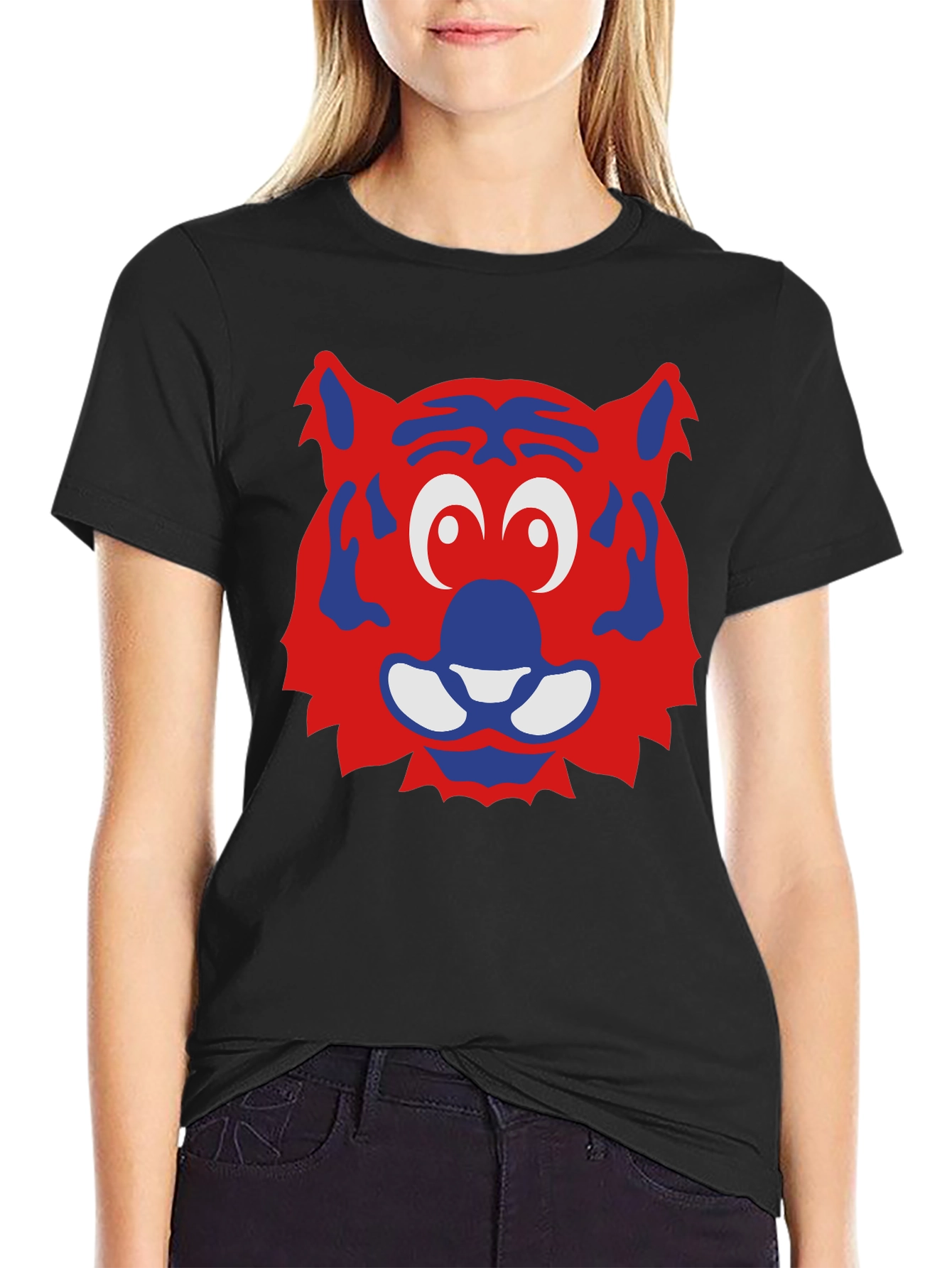 Fun Cartoon Tiger Face Graphic Tee - Black