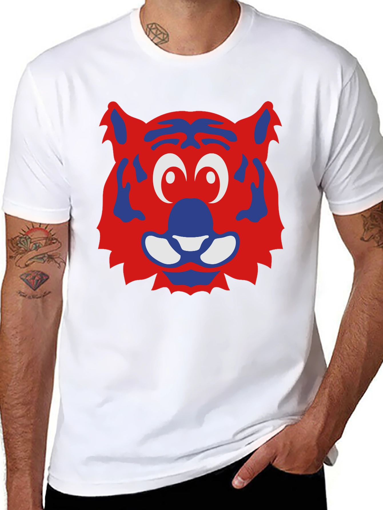 Fun Cartoon Tiger Face Graphic Tee - Black