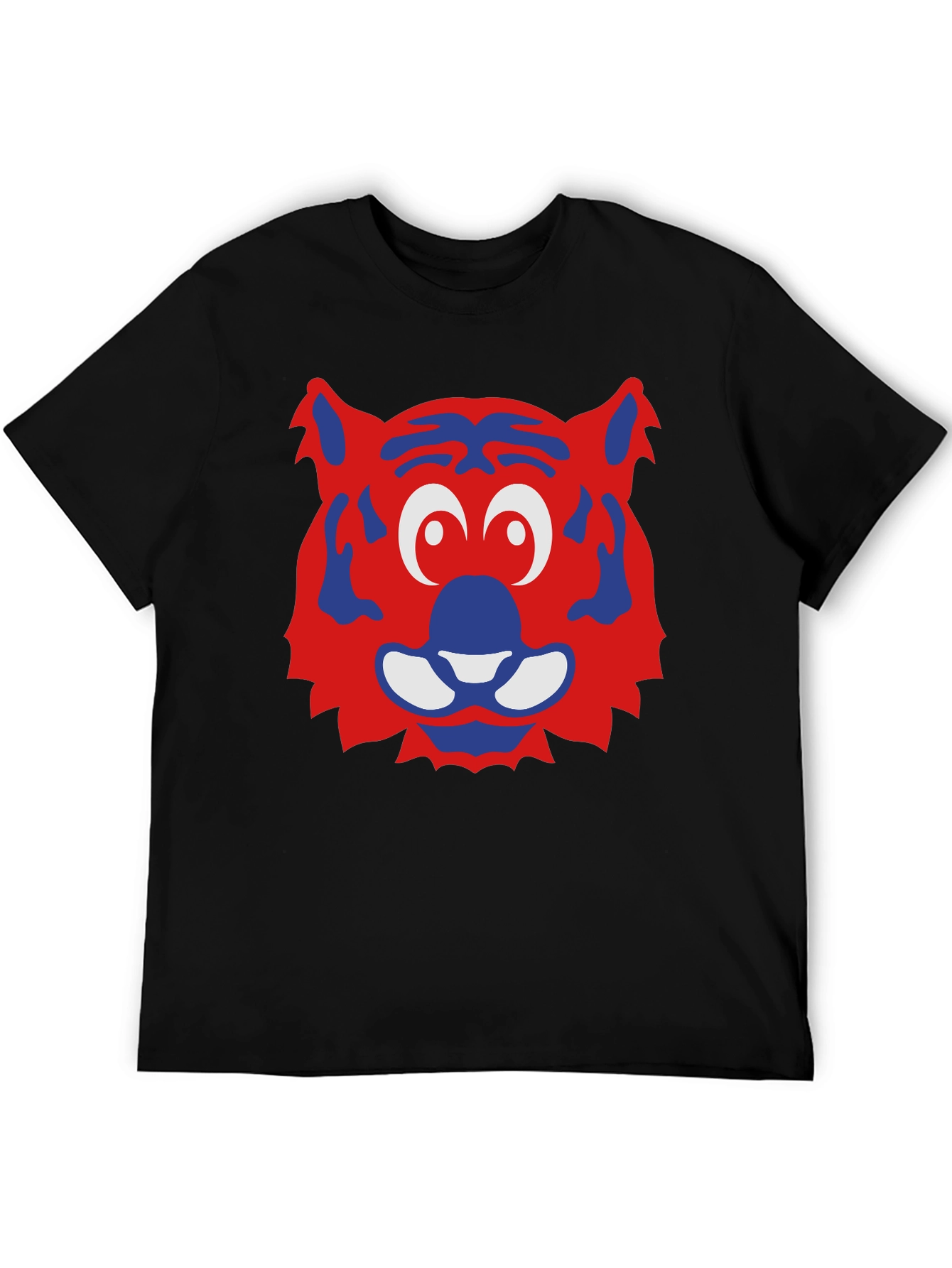 Fun Cartoon Tiger Face Graphic Tee - Black
