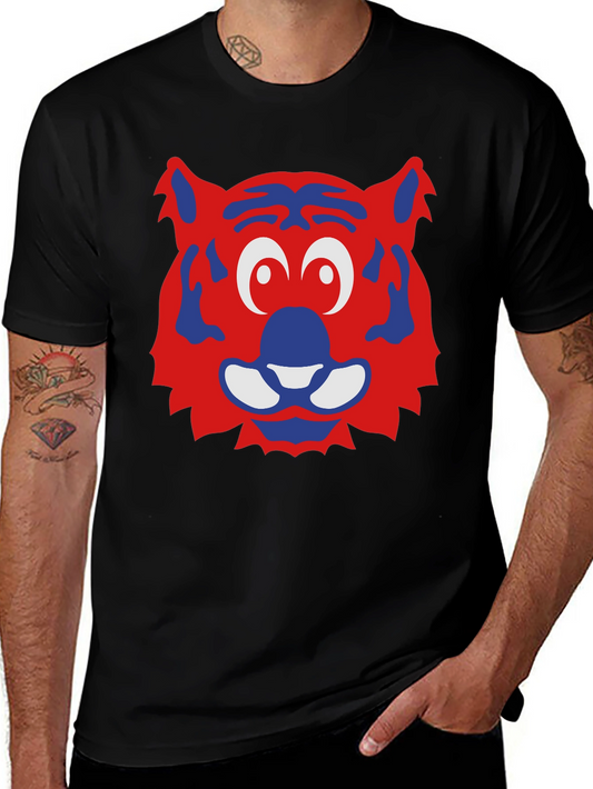 Fun Cartoon Tiger Face Graphic Tee - Black