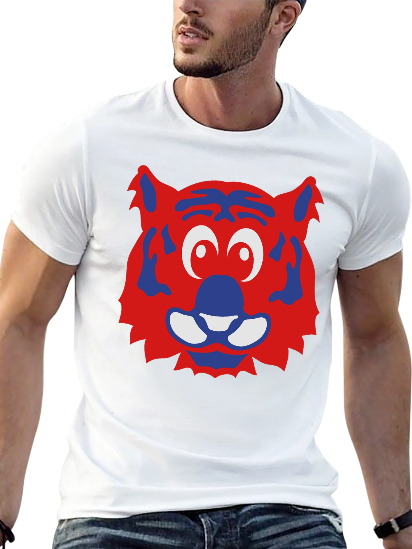 Fun Cartoon Tiger Face Graphic Tee - Black