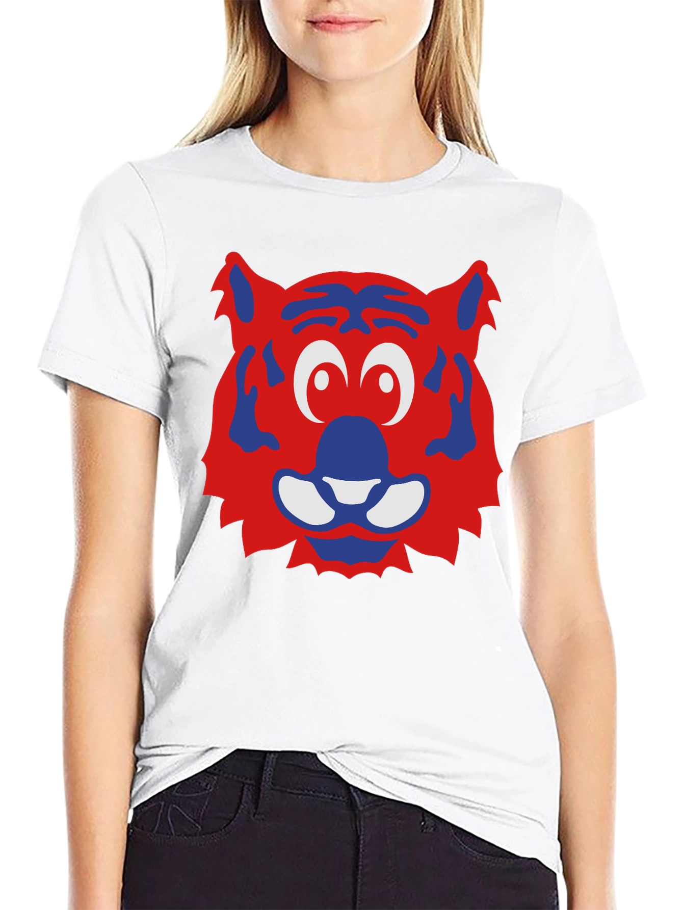 Fun Cartoon Tiger Face Graphic Tee - Black