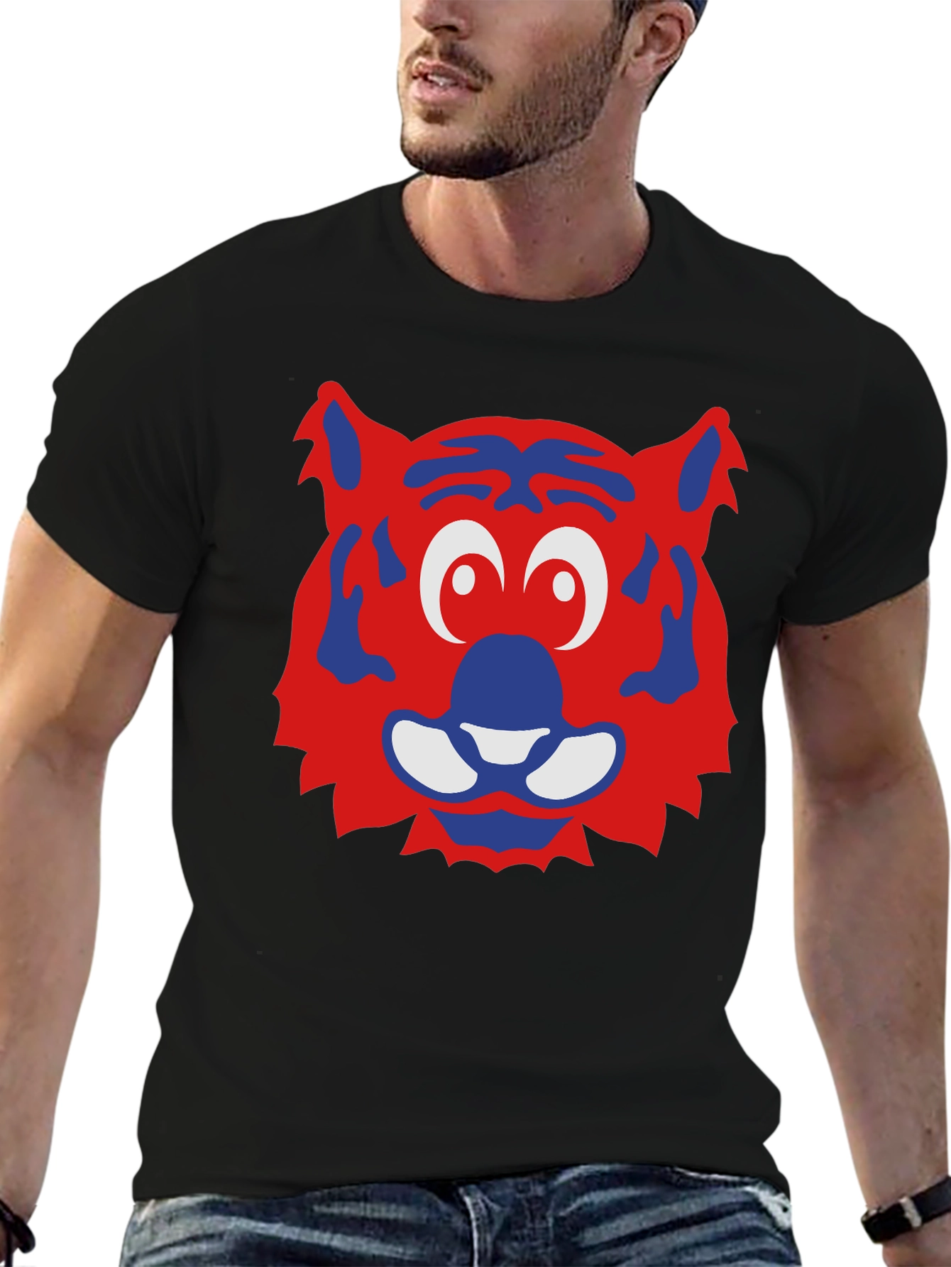 Fun Cartoon Tiger Face Graphic Tee - Black