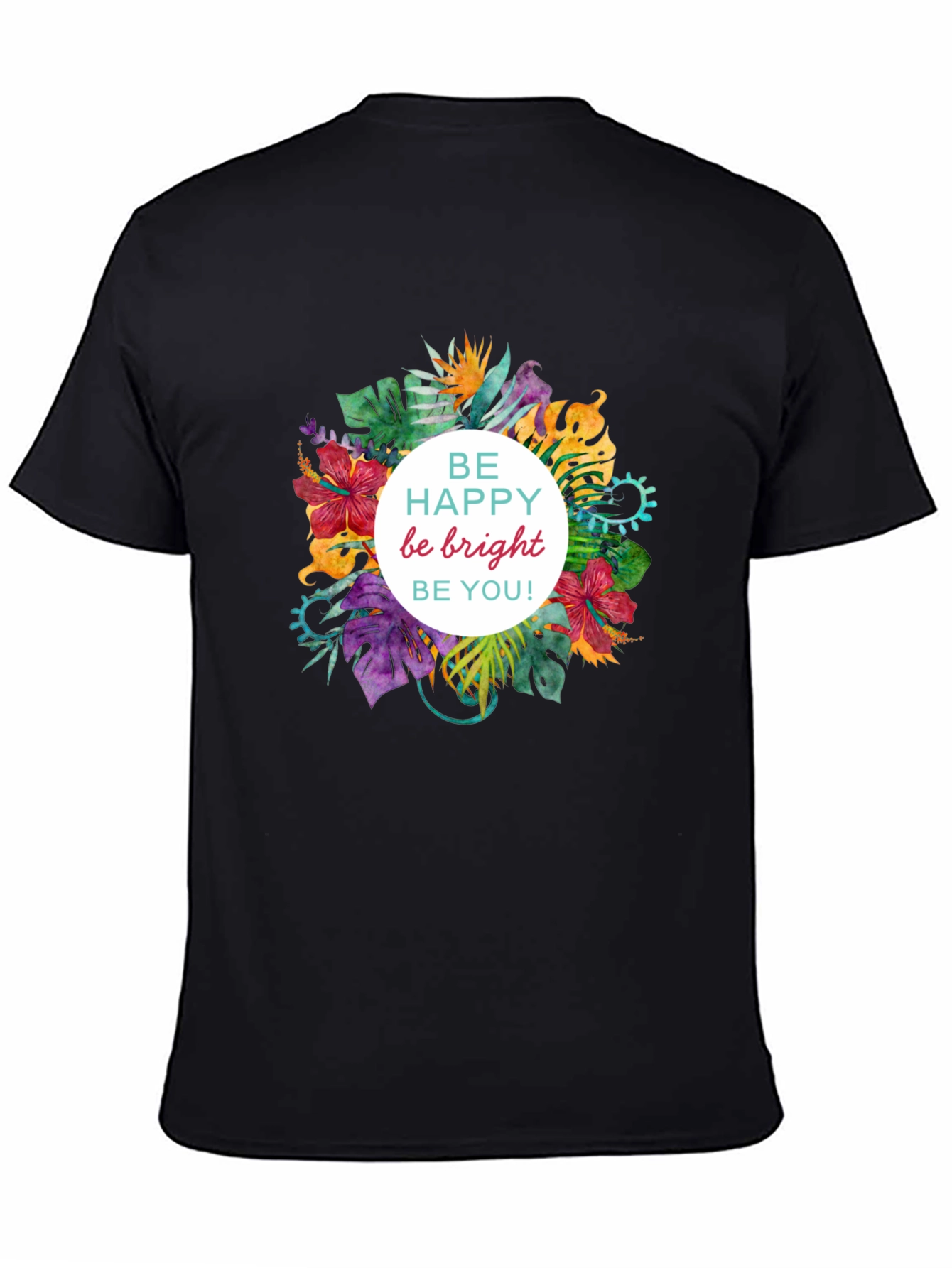 Be Happy Floral Graphic Black T-Shirt