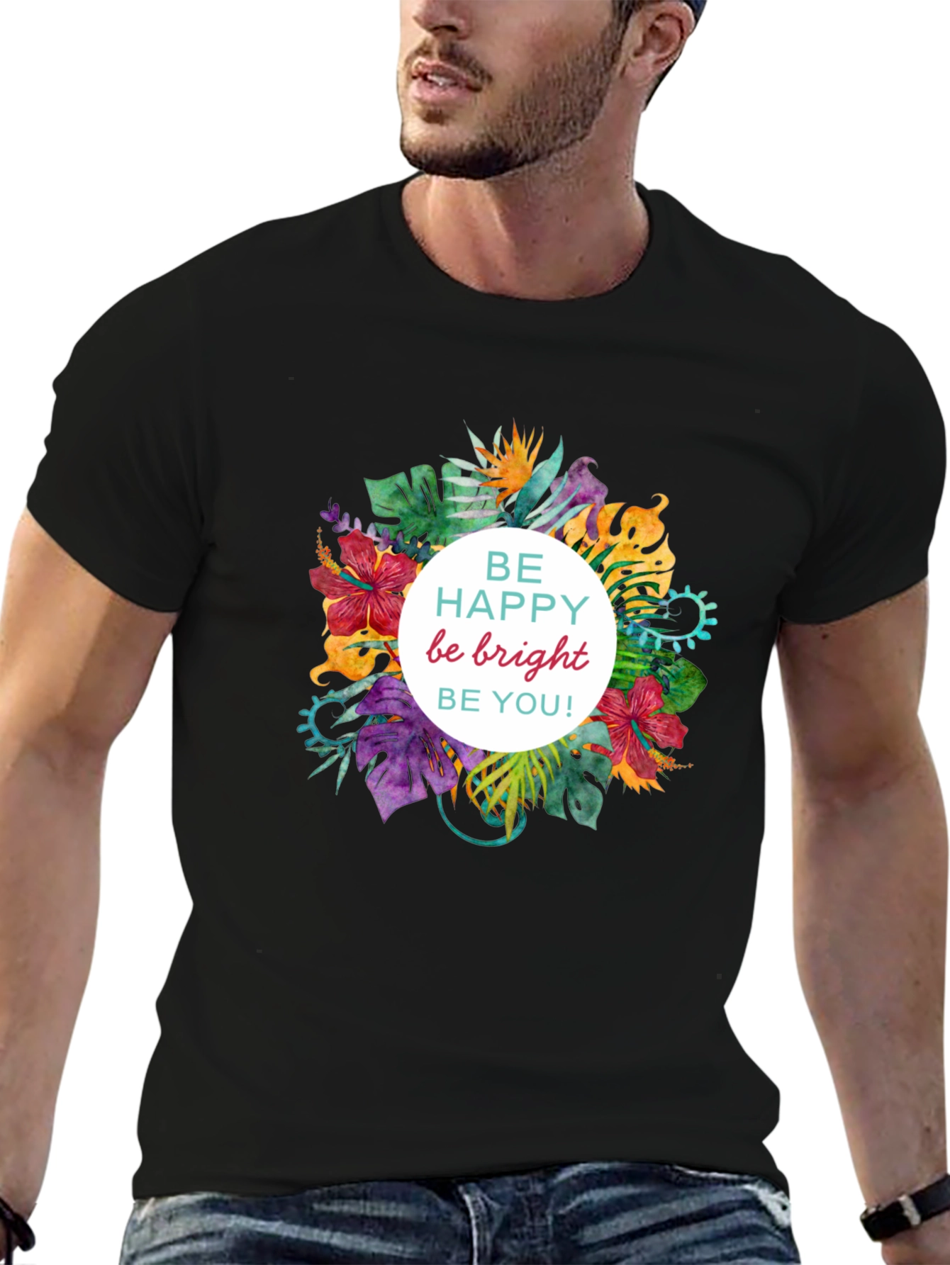 Be Happy Floral Graphic Black T-Shirt