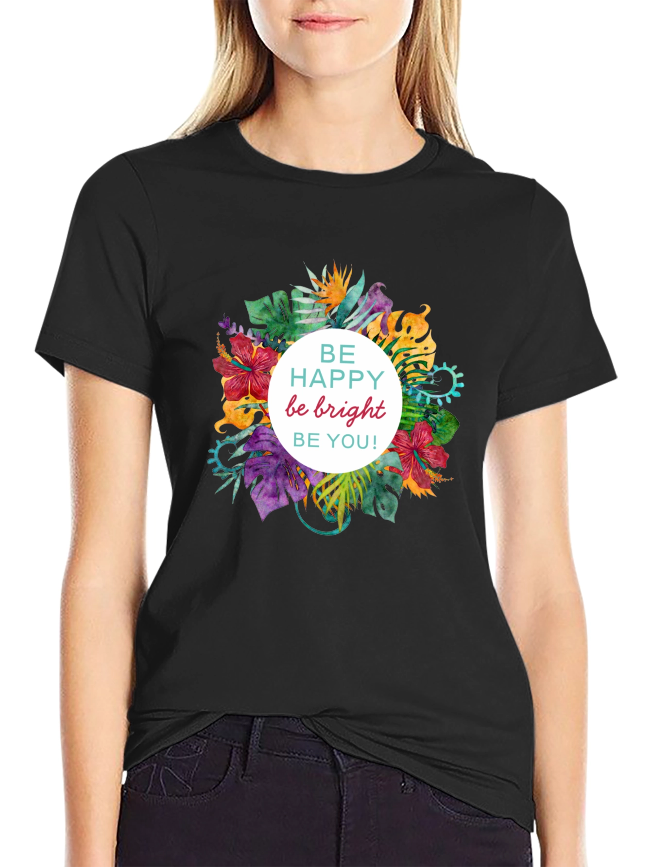 Be Happy Floral Graphic Black T-Shirt