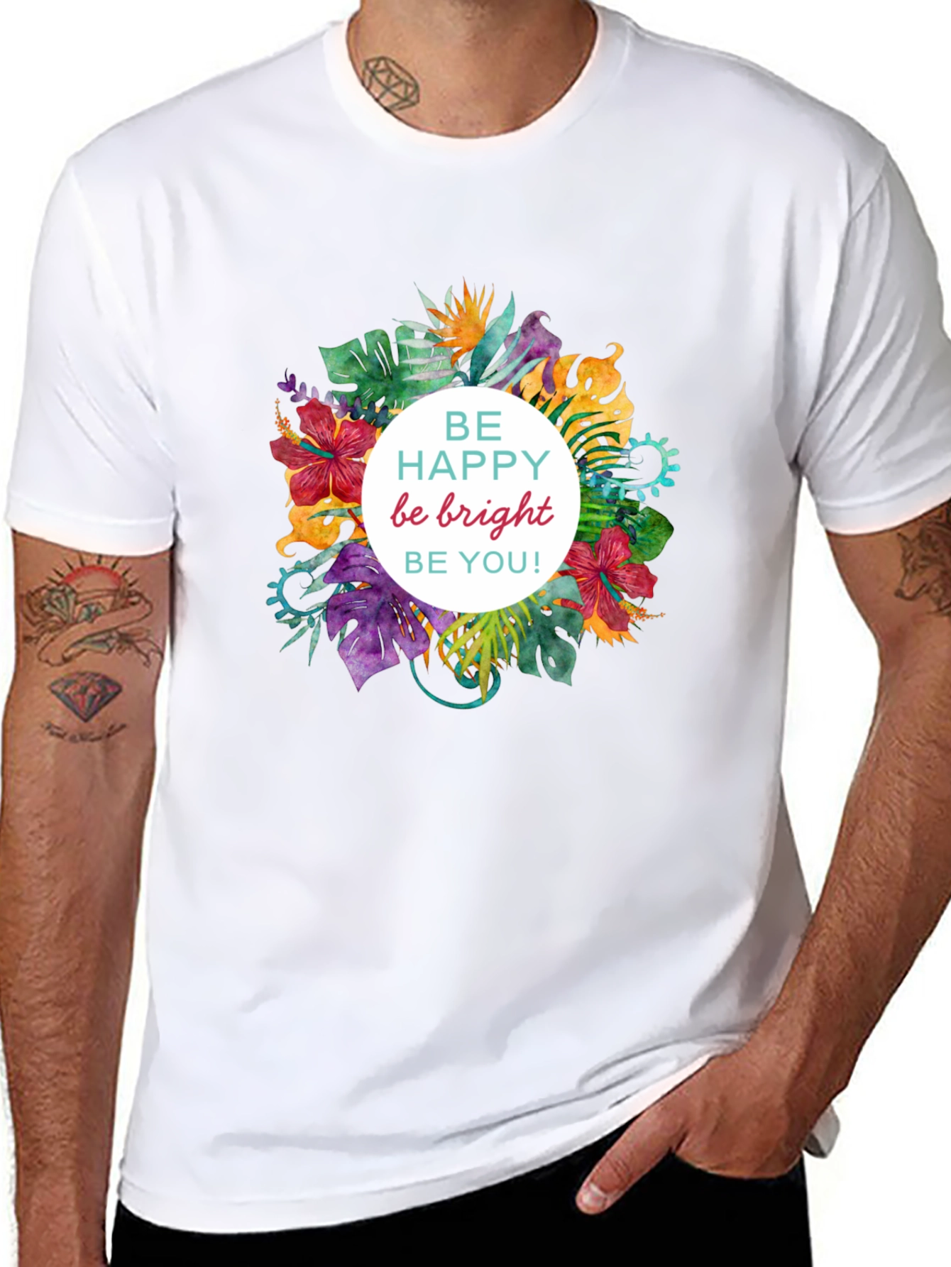 Be Happy Floral Graphic Black T-Shirt