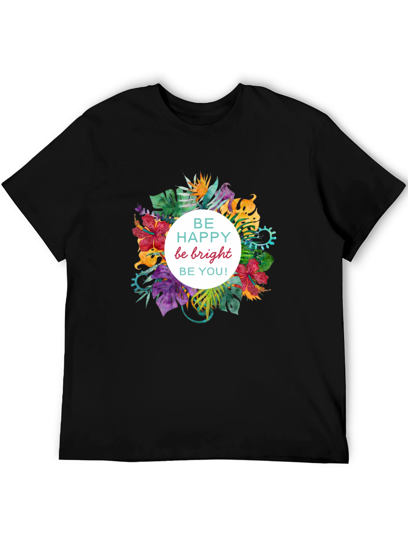 Be Happy Floral Graphic Black T-Shirt