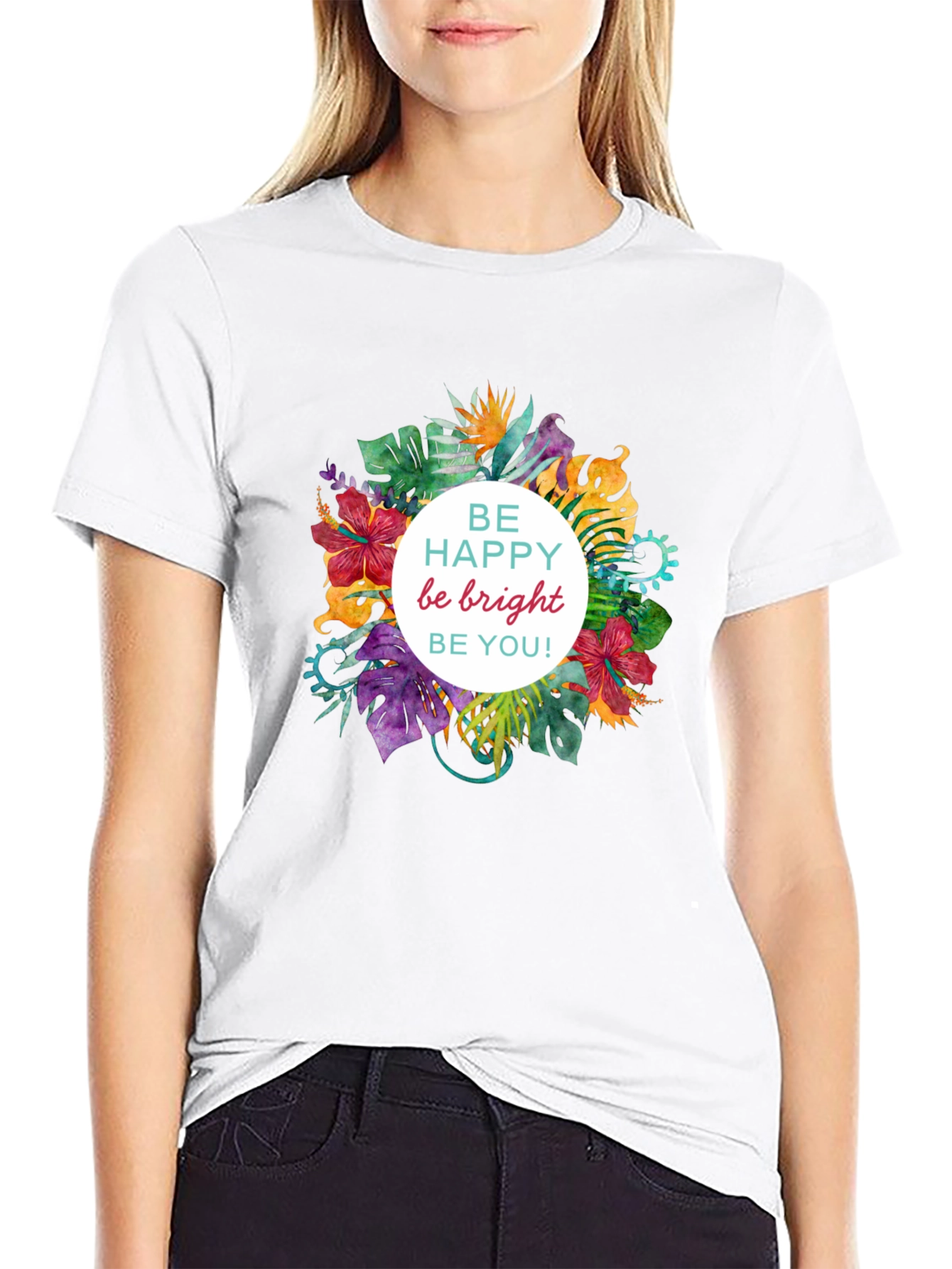 Be Happy Floral Graphic Black T-Shirt
