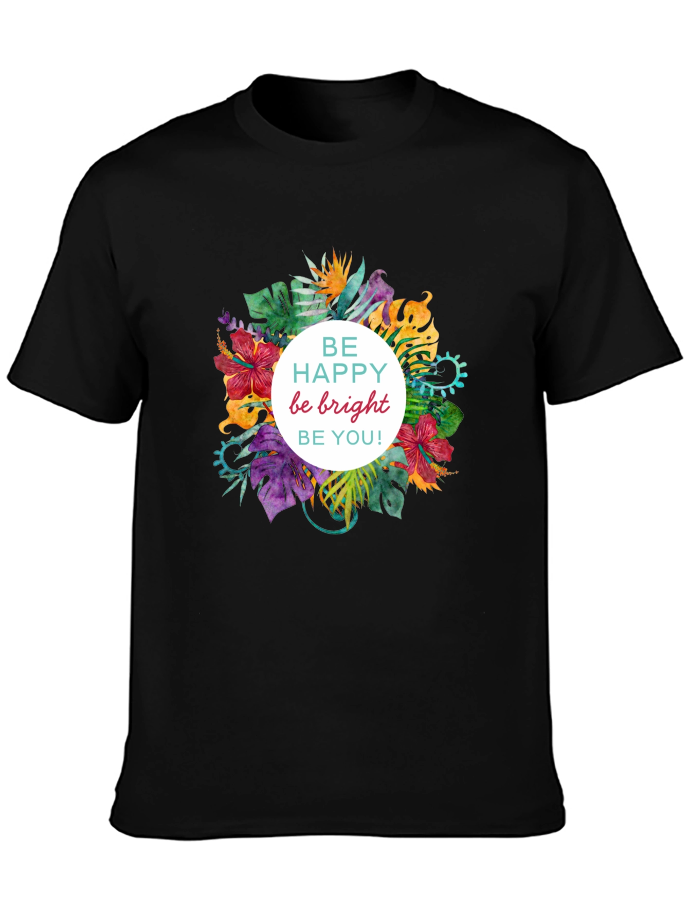 Be Happy Floral Graphic Black T-Shirt
