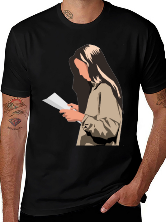 Stylish Graphic Print T-Shirt - Reading Woman Design