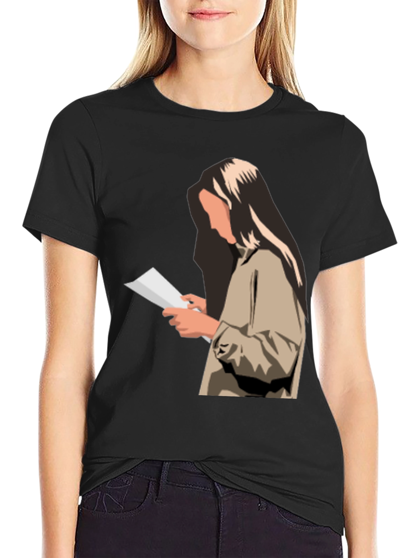 Stylish Graphic Print T-Shirt - Reading Woman Design