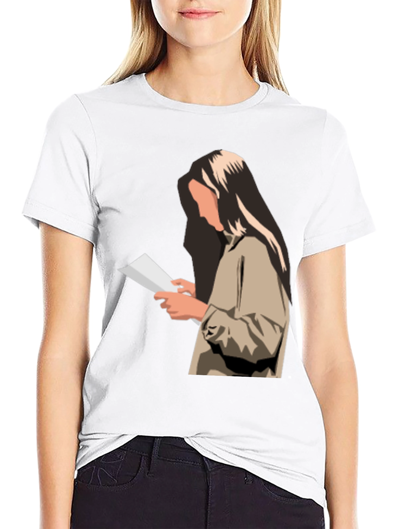 Stylish Graphic Print T-Shirt - Reading Woman Design