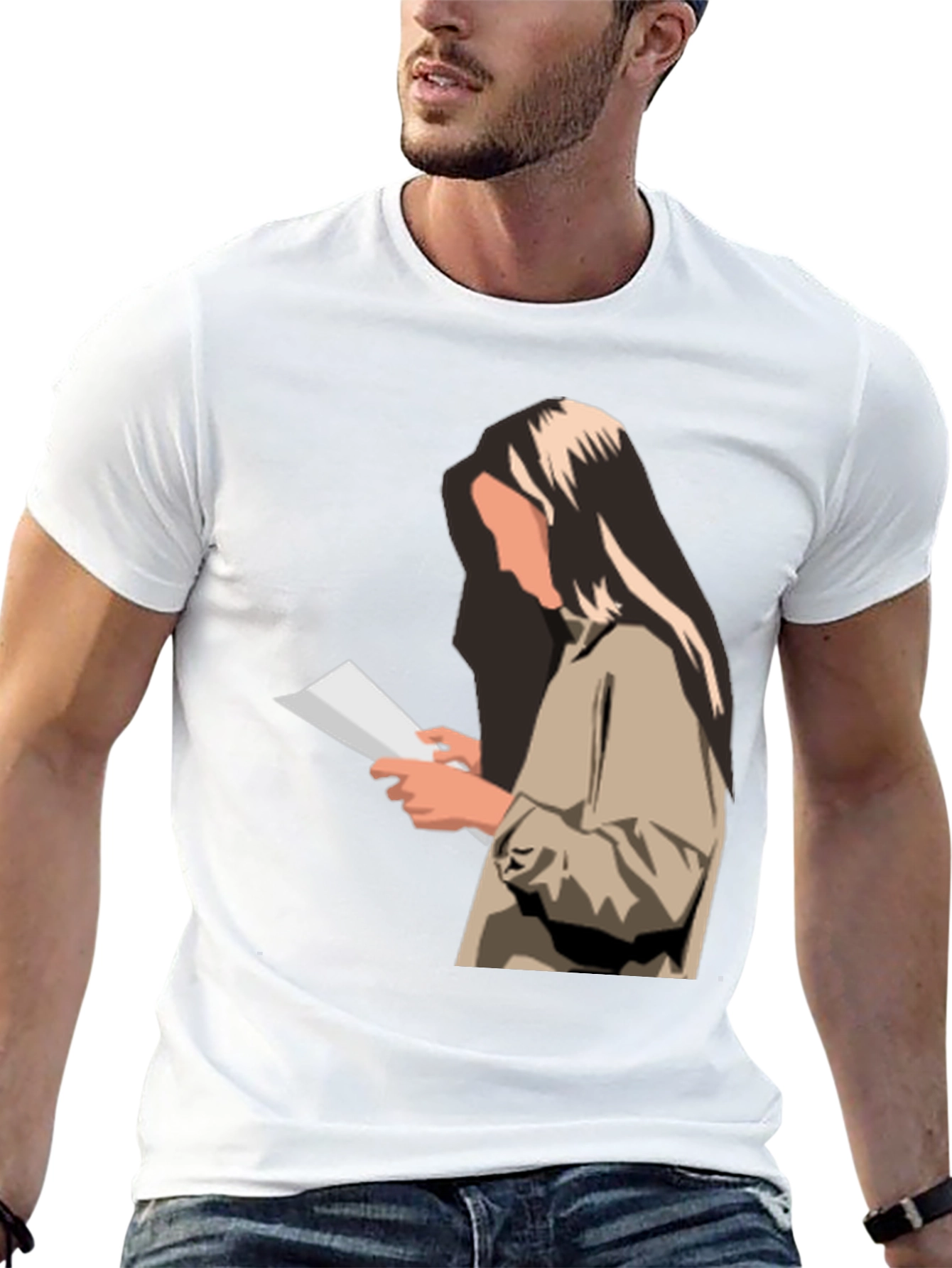 Stylish Graphic Print T-Shirt - Reading Woman Design