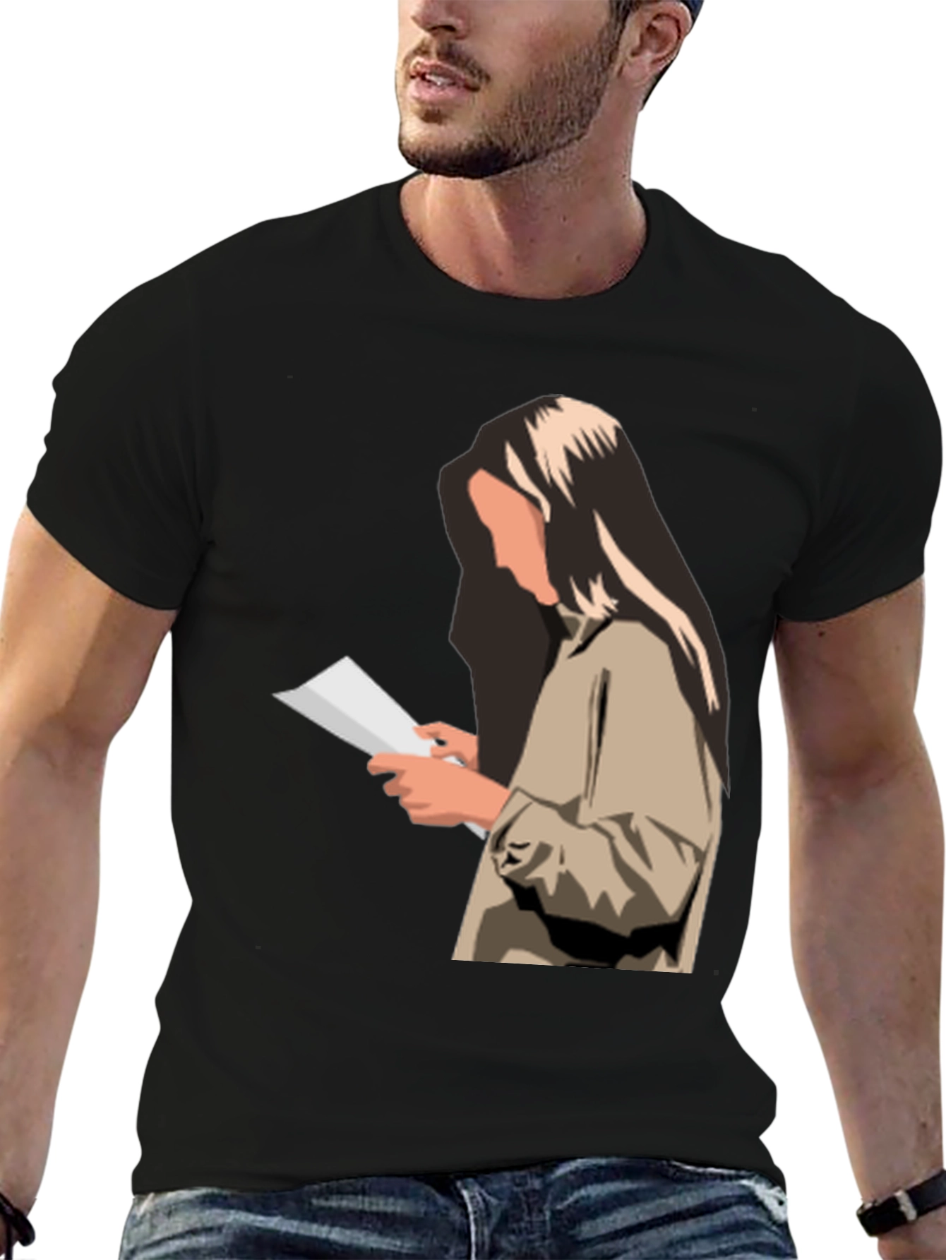 Stylish Graphic Print T-Shirt - Reading Woman Design