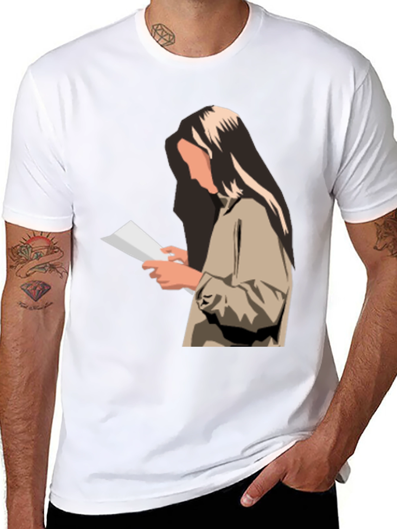 Stylish Graphic Print T-Shirt - Reading Woman Design