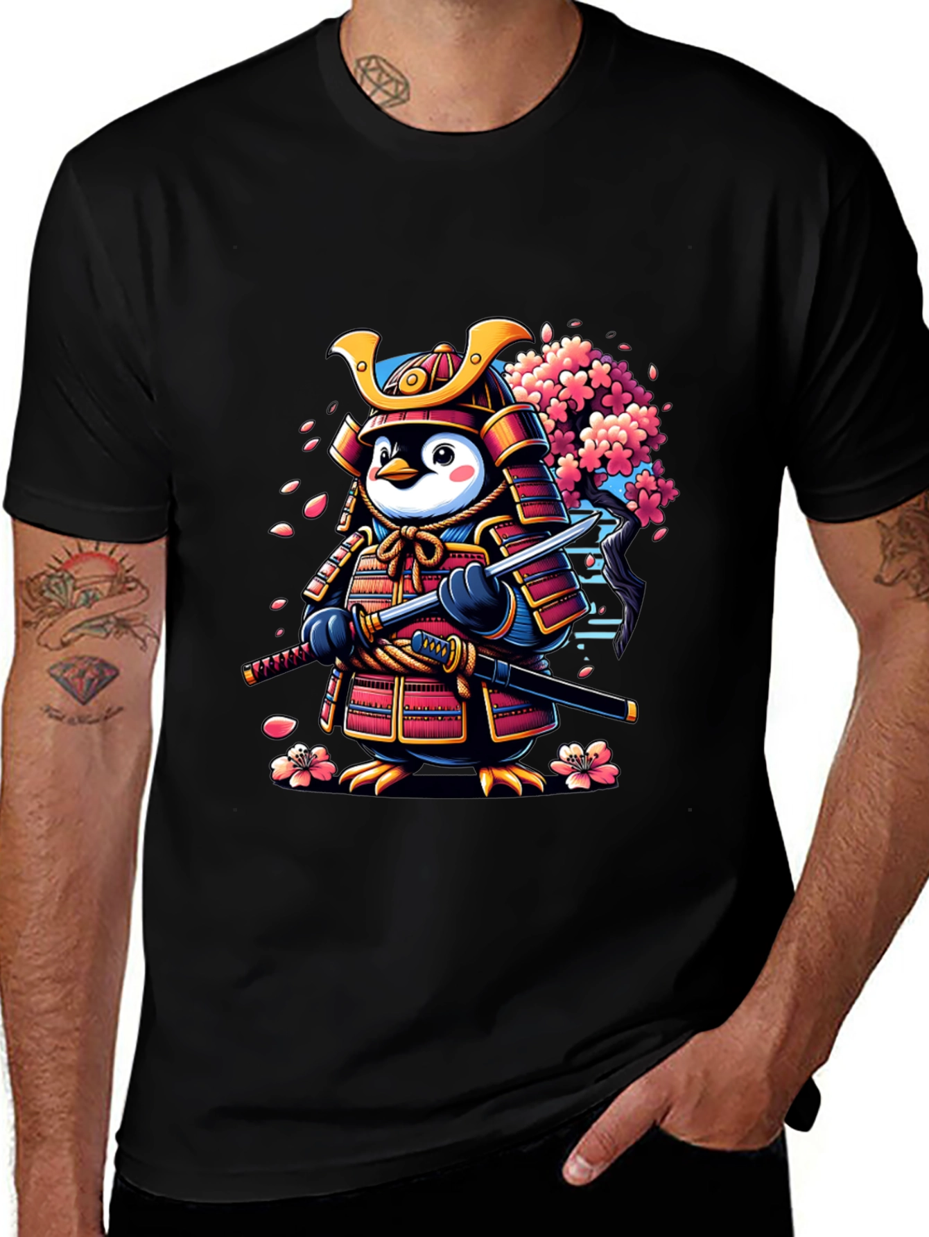 Samurai Penguin Graphic Tee - Unique Cartoon Style