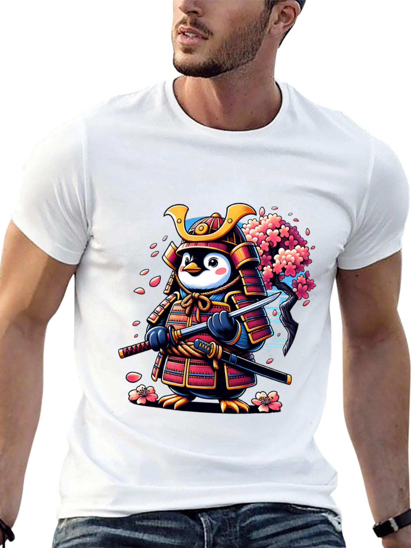 Samurai Penguin Graphic Tee - Unique Cartoon Style