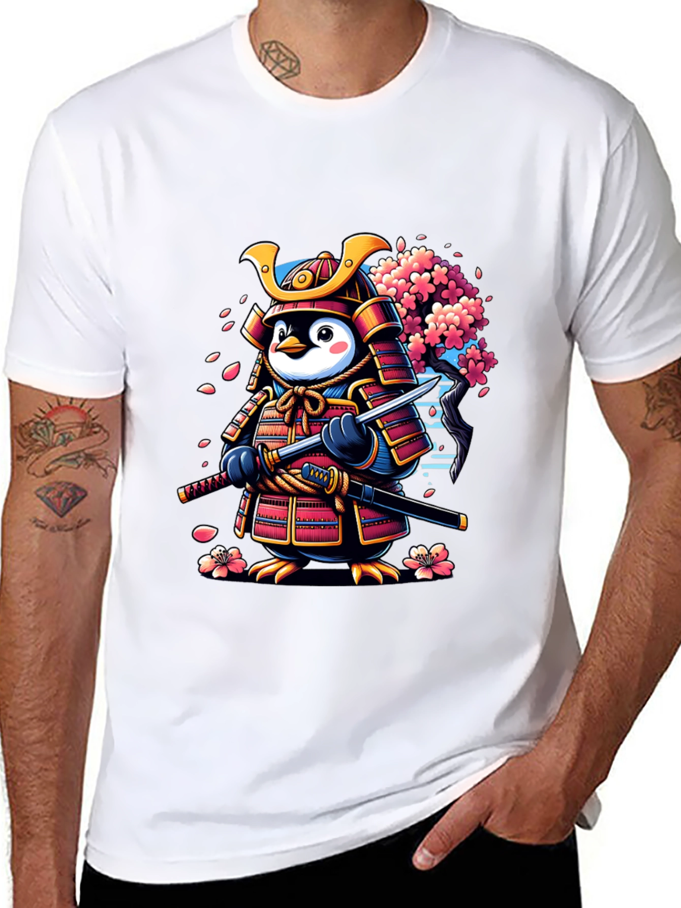 Samurai Penguin Graphic Tee - Unique Cartoon Style